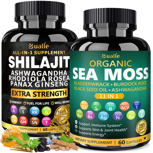 Bualle Organic Sea Moss for Women & Shilajit for Men,Ashwagandha Supplement with Black Seed Oil, Maca & Ginger, Supports Daily Wellness, Skin & Energy–120 Vegan Capsules – Organic Herbal Complex - Medaid International