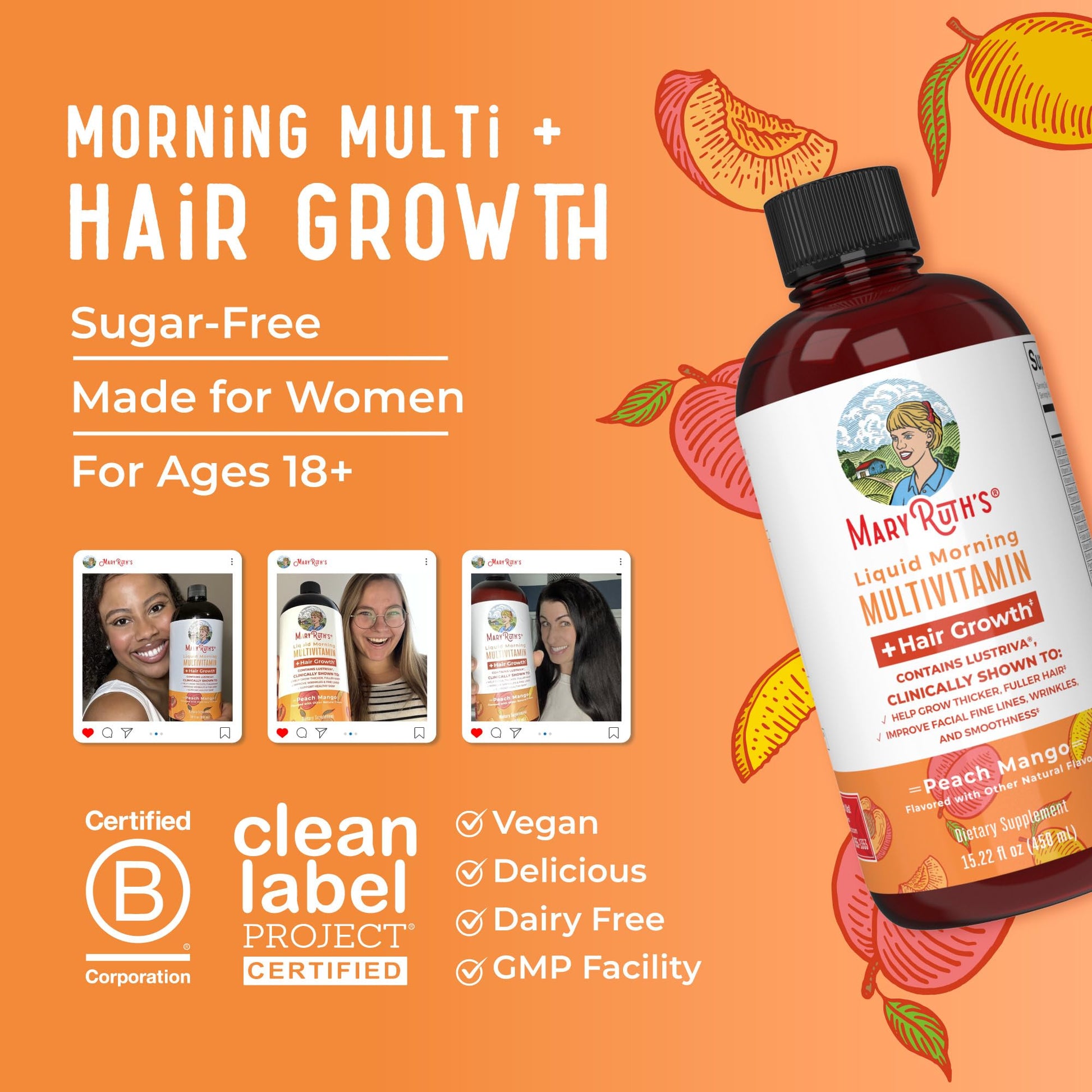 MaryRuth's Liquid Multivitamin + Hair Growth | Biotin 10000mcg | Lustriva Hair Growth Supplement | Clinically Tested in Women for Thicker Hair & Facial Wrinkles | Skin Care | Ages 18+ | 15.22 Fl Oz - Medaid International