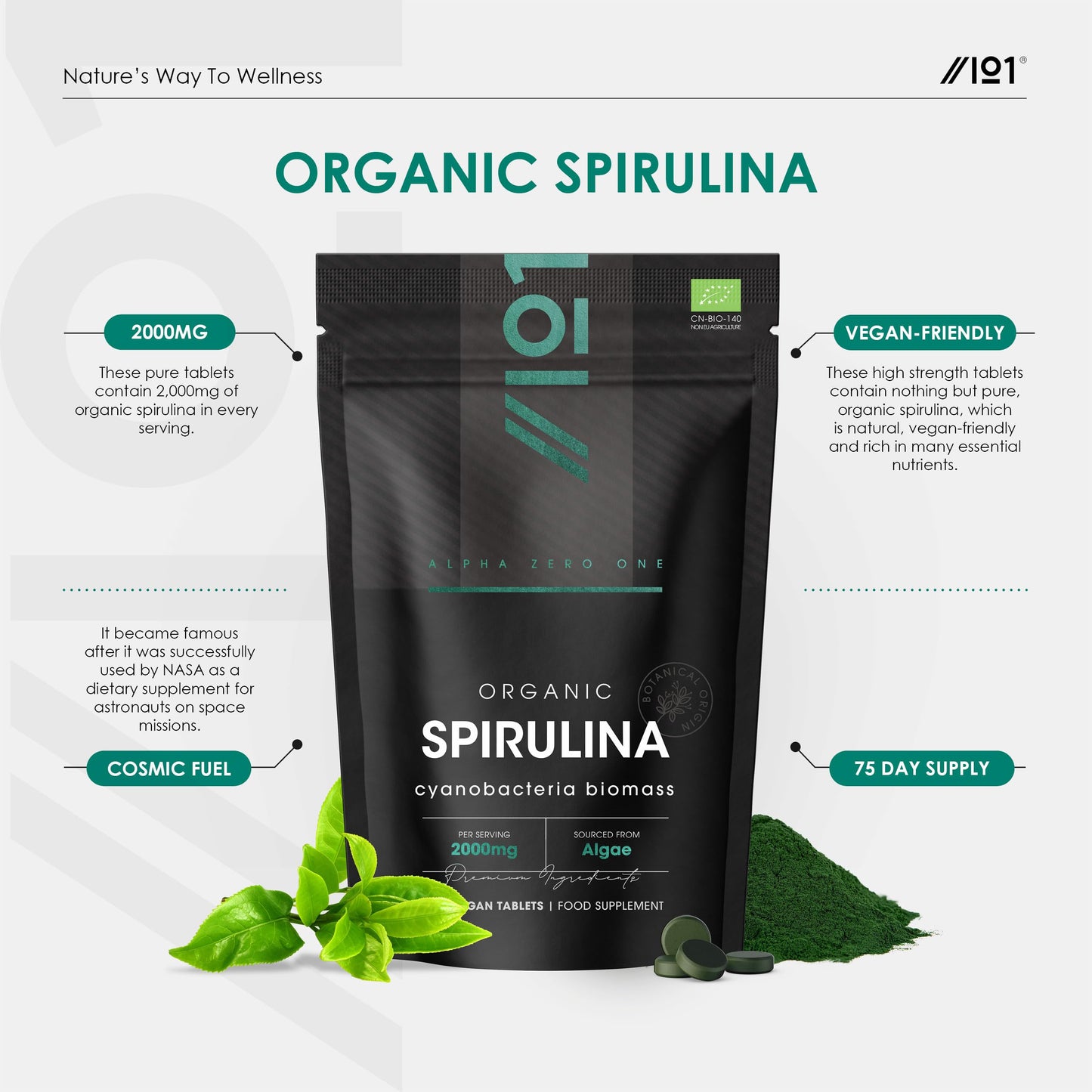 ALPHA01 Organic Spirulina Tablets – 1,000mg per Serving – Pure Formula with No Additives – Certified Organic, Non GMO, Gluten Free, Halal – 300 Vegan Tablets - Medaid International
