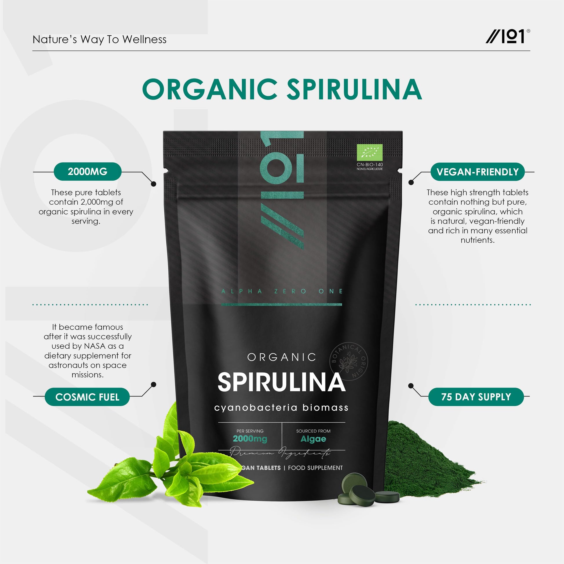ALPHA01 Organic Spirulina Tablets – 1,000mg per Serving – Pure Formula with No Additives – Certified Organic, Non GMO, Gluten Free, Halal – 300 Vegan Tablets - Medaid International