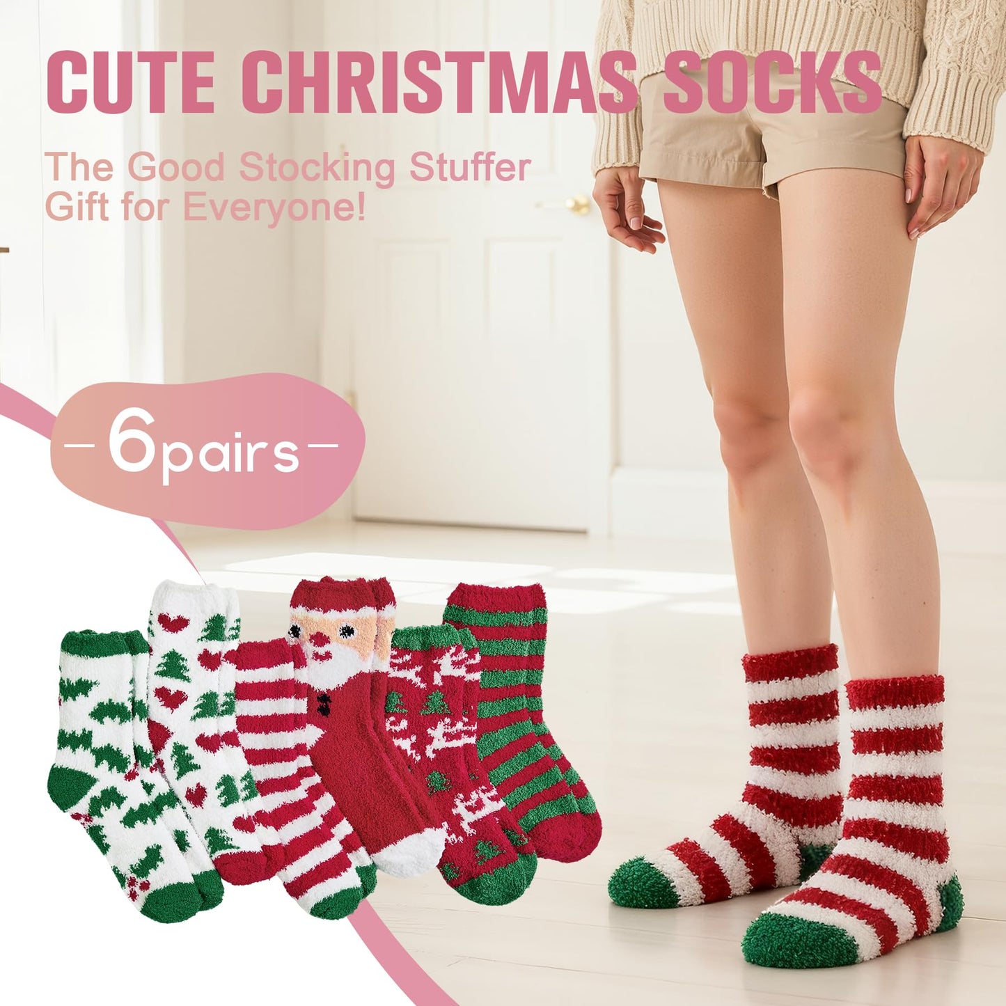 Azue Christmas Socks for Women Christmas Fuzzy Socks Winter Fluffy Socks Warm Sleeping Socks Gifts for Women 6 Pairs Cartoon - Medaid International