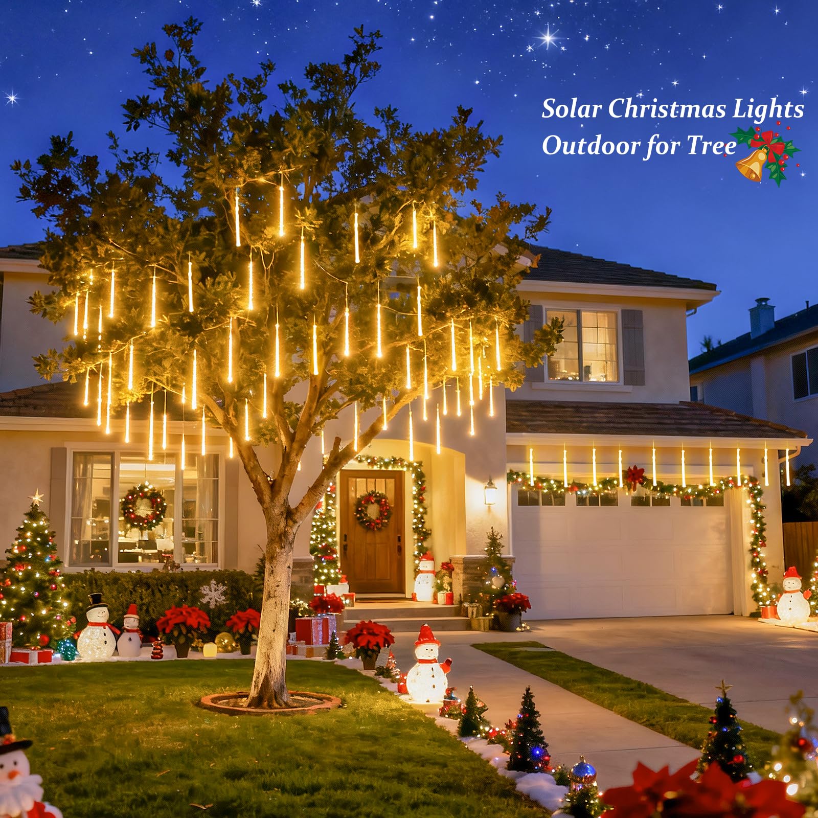 JMEXSUSS Solar Meteor Shower Lights Outdoor, 8 Tube 144 LEDs Warm White Solar Christmas Lights for Tree Eave Xmas Holiday Party Patio House Wedding Decor - Medaid International