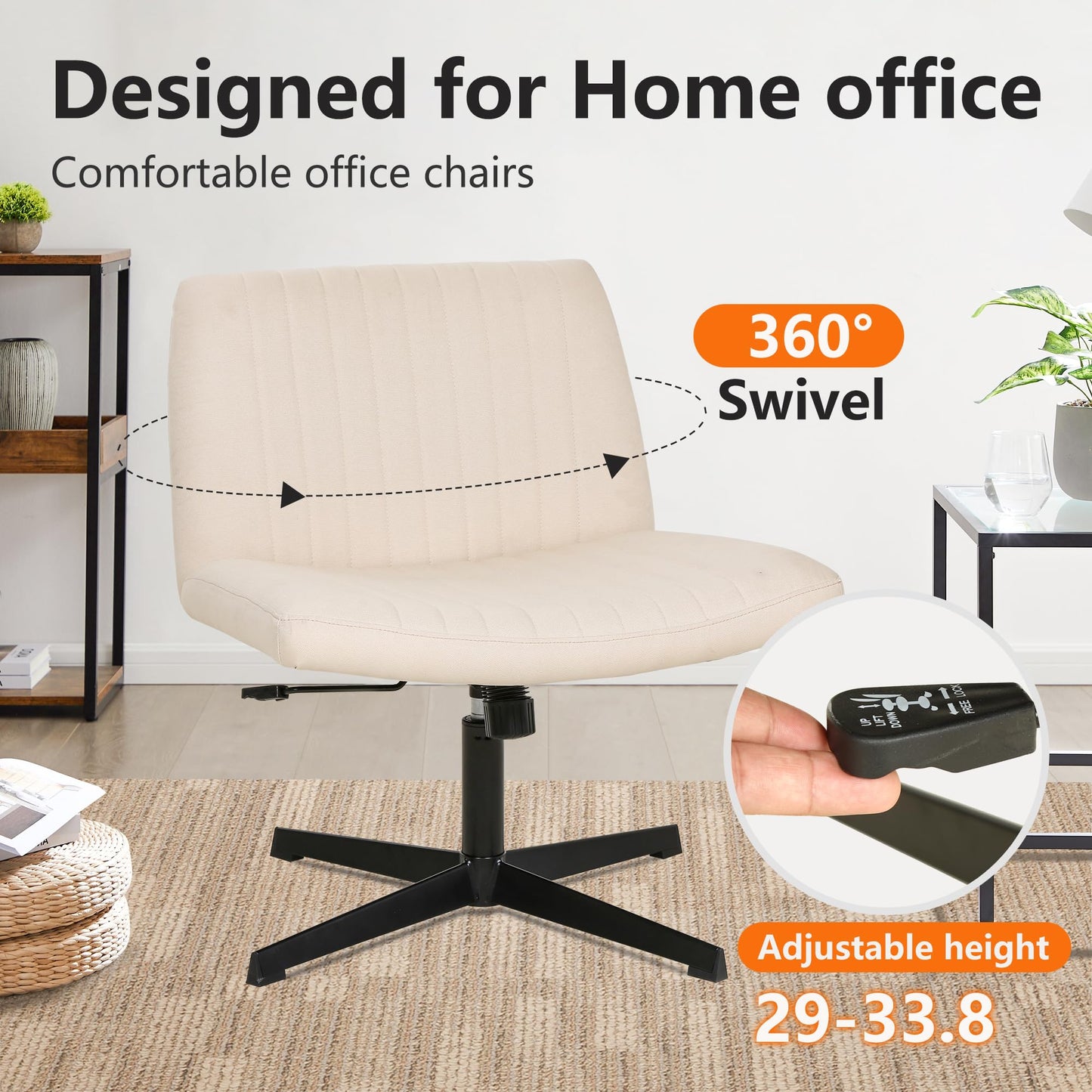 FDW Criss Cross Chair Armless Cross Legged Office Desk Chair Adjustable Swivel Ergonomic Desk Chair No Wheels U Shaped Backrest with Wide Seat Native Sponge Computer Task Vanity Chair for Home Office - Medaid International