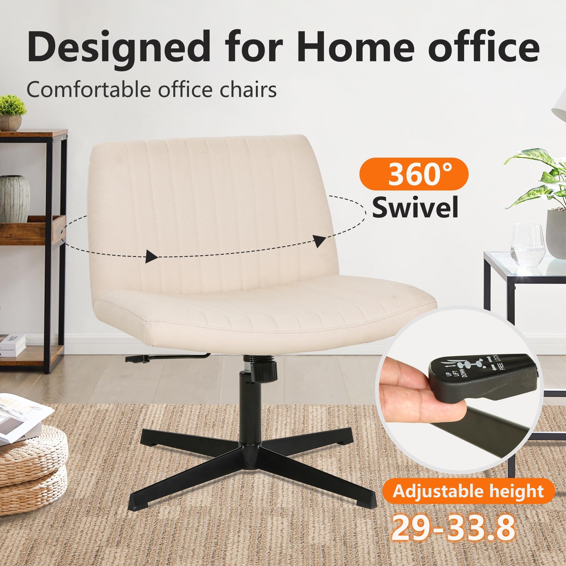 FDW Criss Cross Chair Armless Cross Legged Office Desk Chair Adjustable Swivel Ergonomic Desk Chair No Wheels U Shaped Backrest with Wide Seat Native Sponge Computer Task Vanity Chair for Home Office - Medaid International