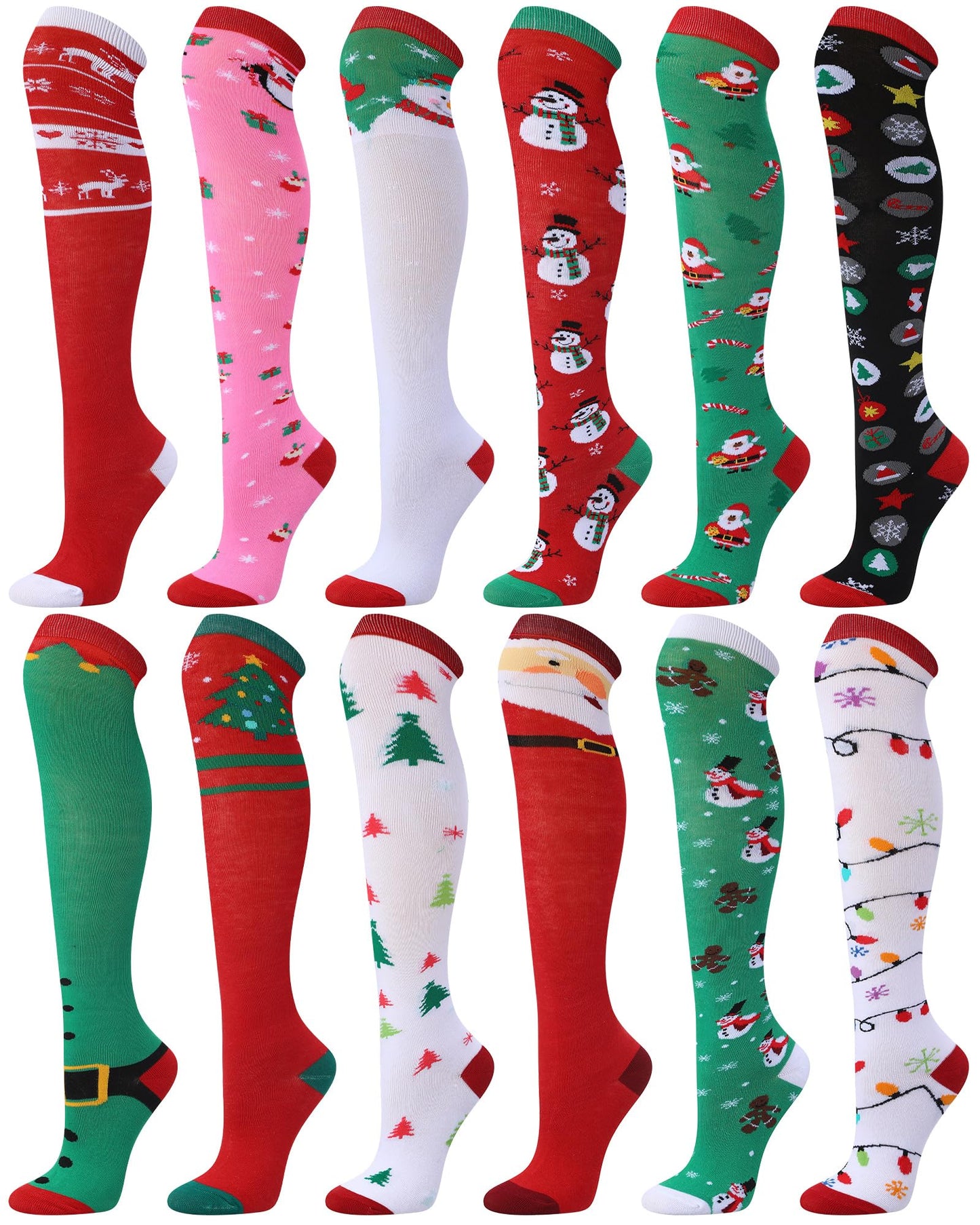 Glitopper 12 Pairs Christmas Knee High Socks for Women Man Bulk Xmas Long Colorful Festive Soft Novelty Pattern Holiday Socks for Christmas Party Gifts (Vivid) - Medaid International