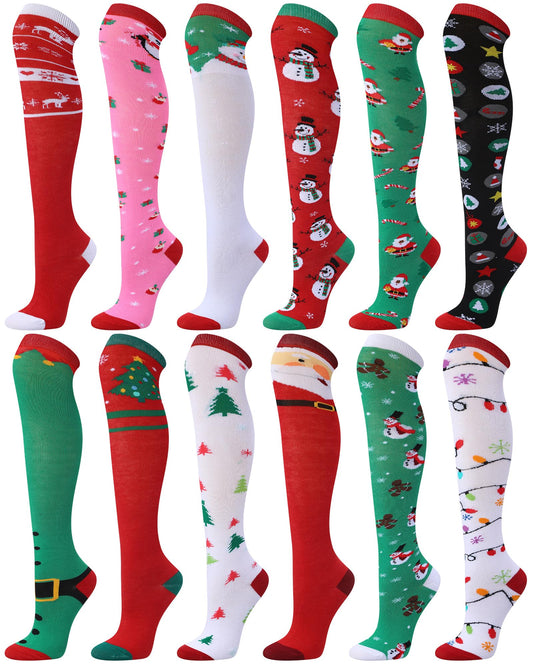 Glitopper 12 Pairs Christmas Knee High Socks for Women Man Bulk Xmas Long Colorful Festive Soft Novelty Pattern Holiday Socks for Christmas Party Gifts (Vivid) - Medaid International