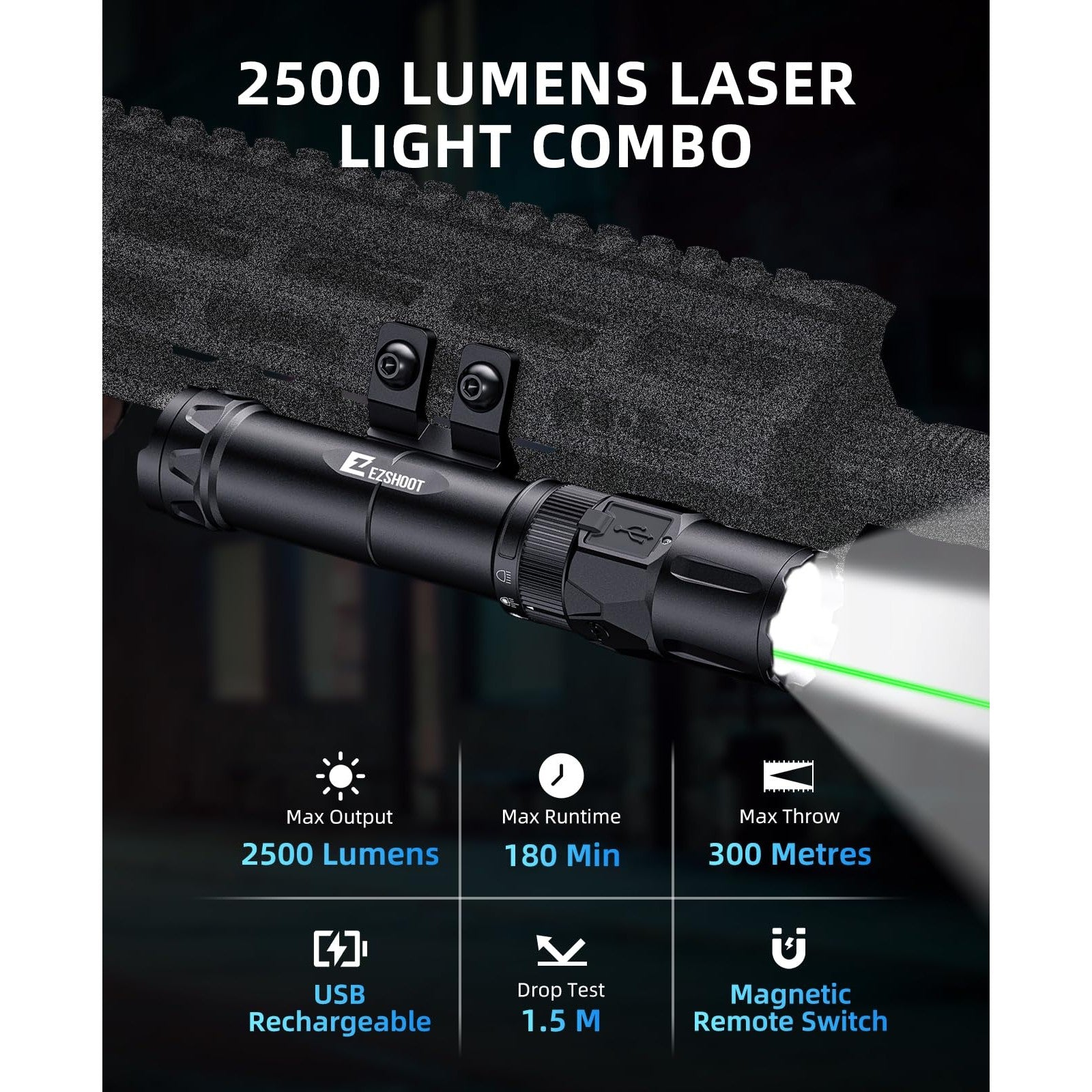 EZshoot 2500 Lumens Rifle Laser Light Combo Compatible with M-Rail, Rechargeable Ar Light Laser Combo with Magnetic Remote Switch, Tactical Rifle Flashlight with Strobe Mode for Home Defense, Hunting - Medaid International