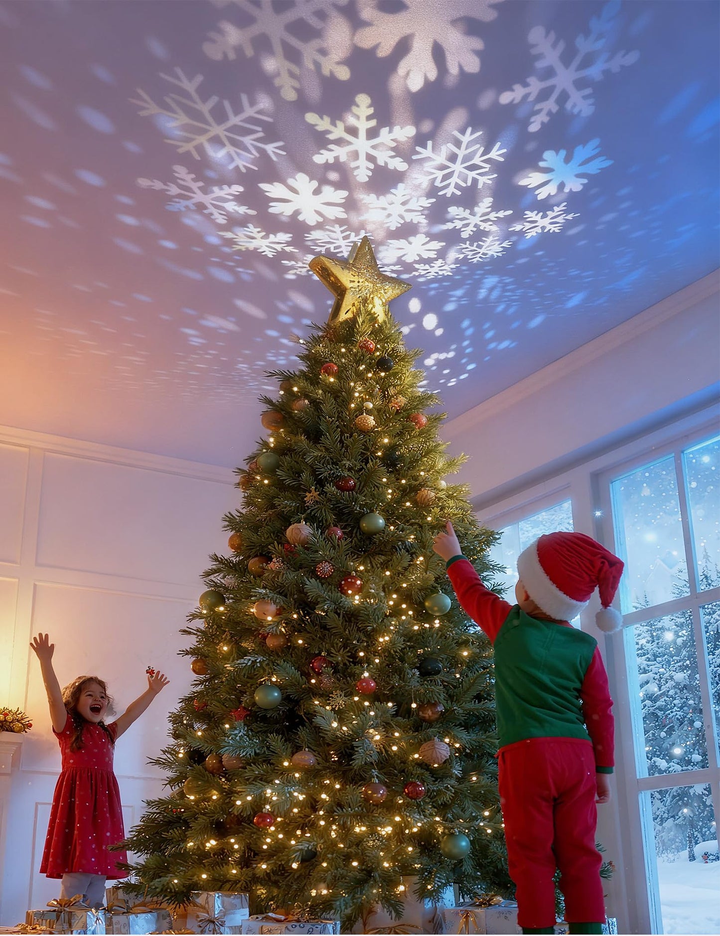 DG-Direct Christmas Tree Topper Lighted Star [Gold],3D Hollow Sparkling Star Christmas Tree Topper with Rotating Magic Cool White Snowflake Projector for Christmas Tree Ornament (Gold) - Medaid International