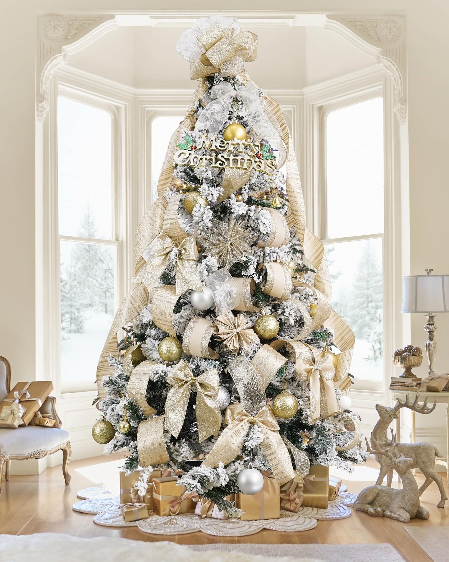 HUIHUANG Champagne Christmas Ribbon Wired Gold Christmas Tree Ribbon 6 Rolls Glitter Wired Edge Ribbons for X-mas Tree, Gift Wrapping, Wreath, Garland, Home Decor (2.5" Wide, 36 Yds Total) - Medaid International