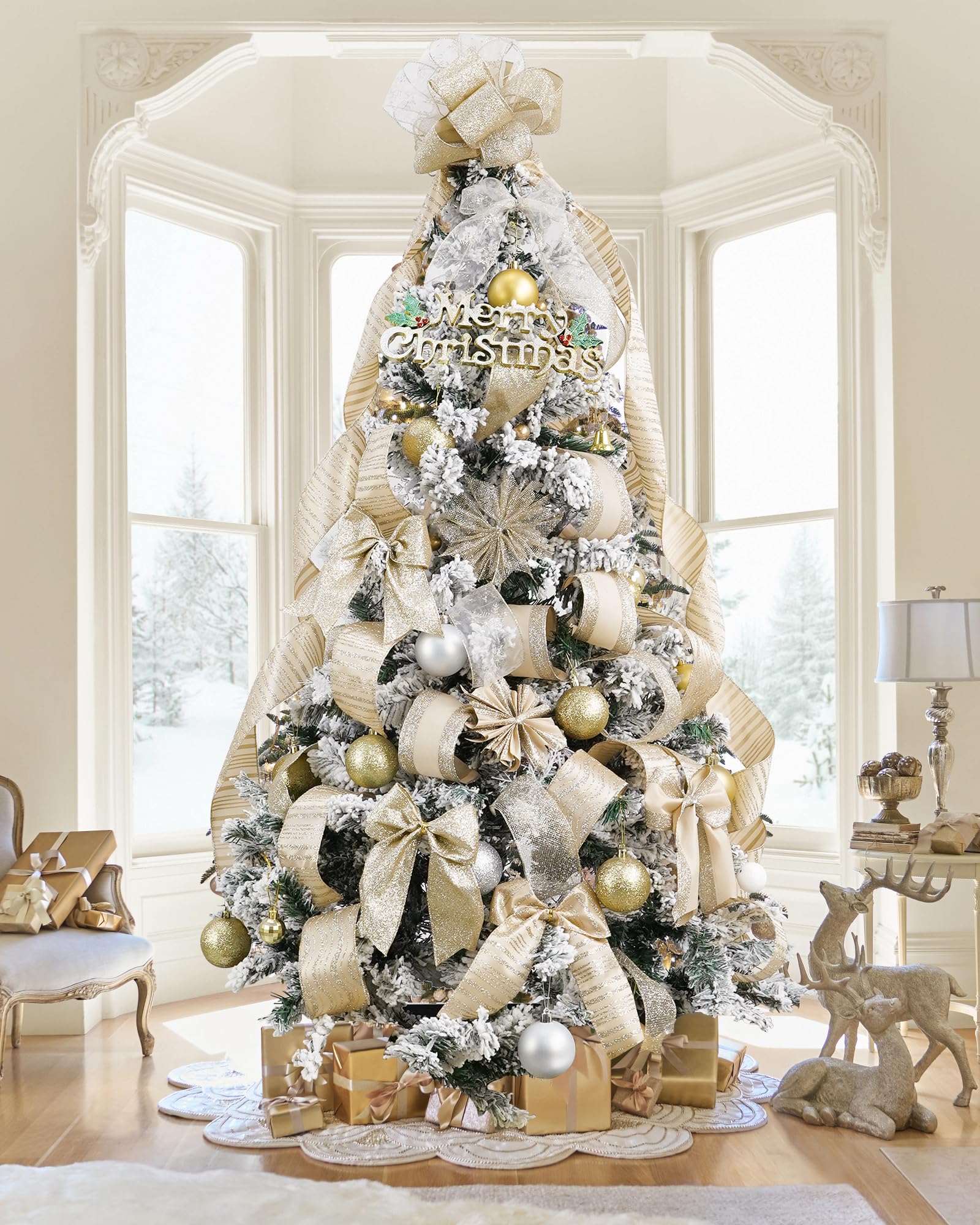 HUIHUANG Champagne Christmas Ribbon Wired Gold Christmas Tree Ribbon 6 Rolls Glitter Wired Edge Ribbons for X-mas Tree, Gift Wrapping, Wreath, Garland, Home Decor (2.5" Wide, 36 Yds Total) - Medaid International