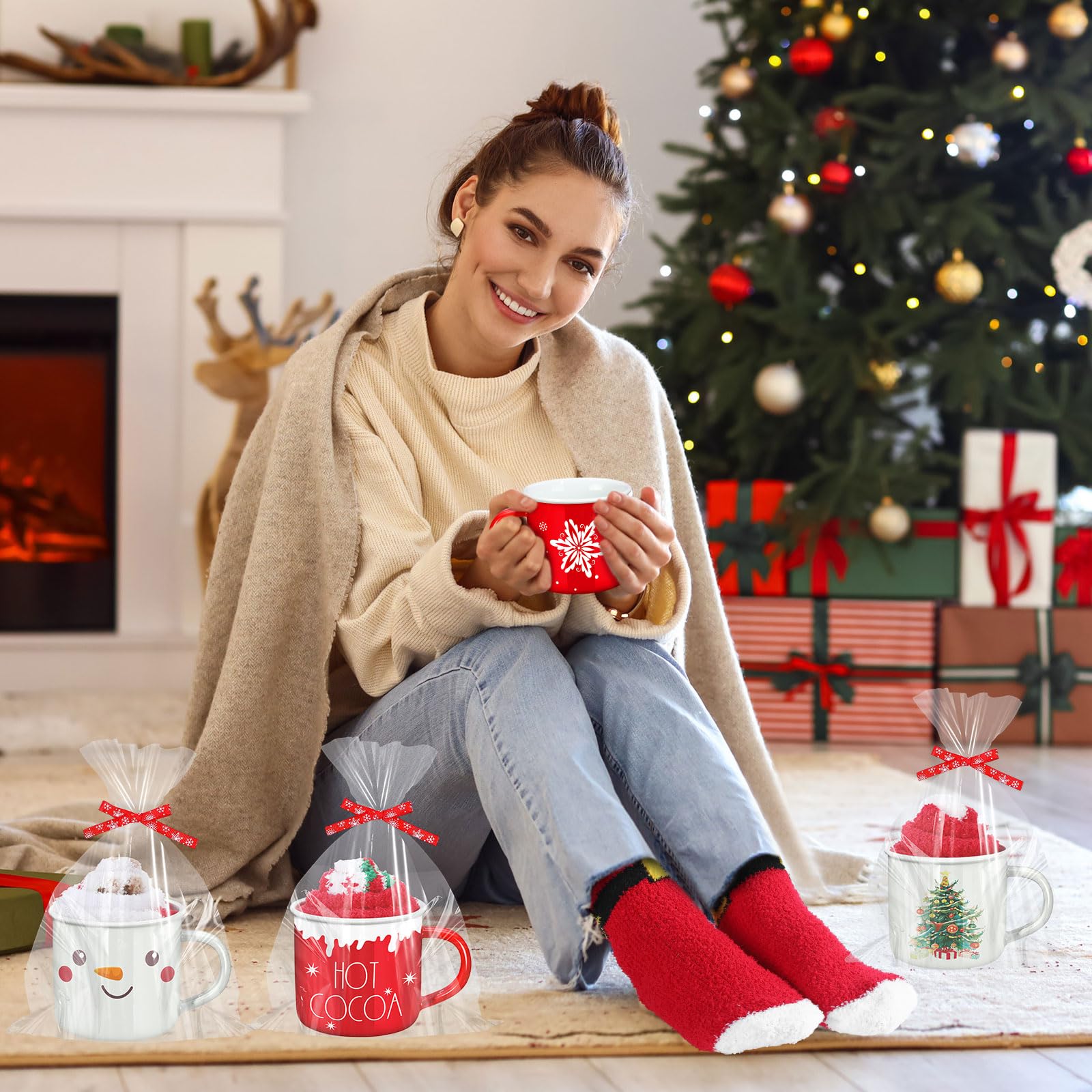 ShinyMatch 6 Pack Christmas Mug Gift Set 12oz Christmas Enamel Coffee Mug Xmas Fuzzy Socks Holiday Cup Slipper Socks transparent Bags and Ribbon DIY Gift for Women Coworker Friends Party(Red,Classic) - Medaid International