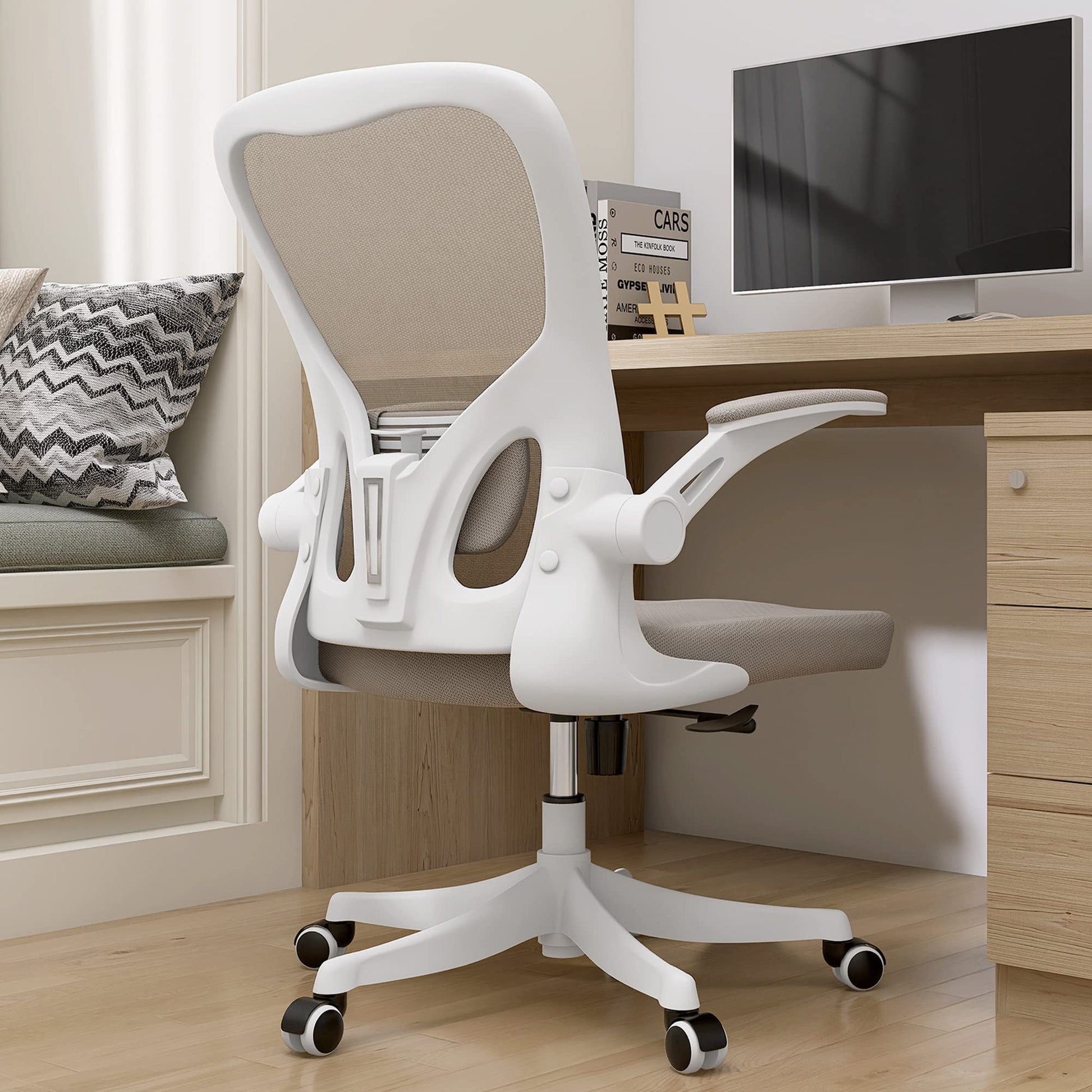 Monhey Office Chair Ergonomic Desk Chair with Lumbar Support&Headrest&Flip-up Arms Height Adjustable Rocking Swivel High Back Computer Chair Warm Taupe Mesh Study Chair (01Khaki) - Medaid International