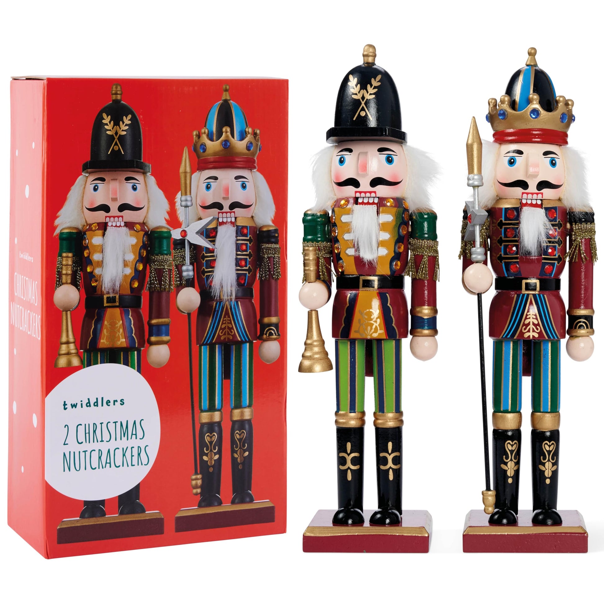 THE TWIDDLERS 2 Pack 12 Inch Wooden Nutcracker Christmas Decor King & Guard Soldier (Red) Decorative Christmas Nutcracker Figures, Nutcracker Christmas Decorations, Cascanueces de Navidad in Gift Box - Medaid International