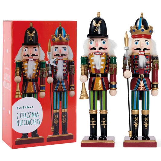 THE TWIDDLERS 2 Pack 12 Inch Wooden Nutcracker Christmas Decor King & Guard Soldier (Red) Decorative Christmas Nutcracker Figures, Nutcracker Christmas Decorations, Cascanueces de Navidad in Gift Box - Medaid International