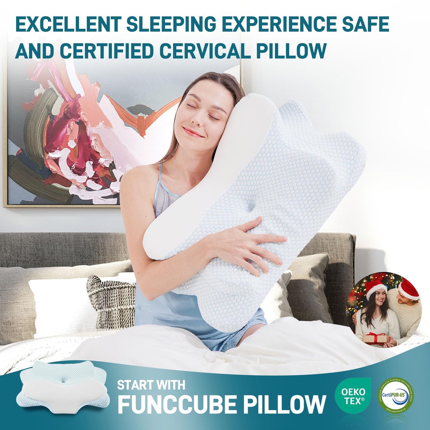 FUNCCUBE Cervical Neck Pillow - Memory Foam Pillow for Pain Relief Sleeping, Ergonomic Neck Support Contour Pillows for Side Back Stomach Sleepers,Orthopedic Breathable Pillowcase (Blue White) - Medaid International