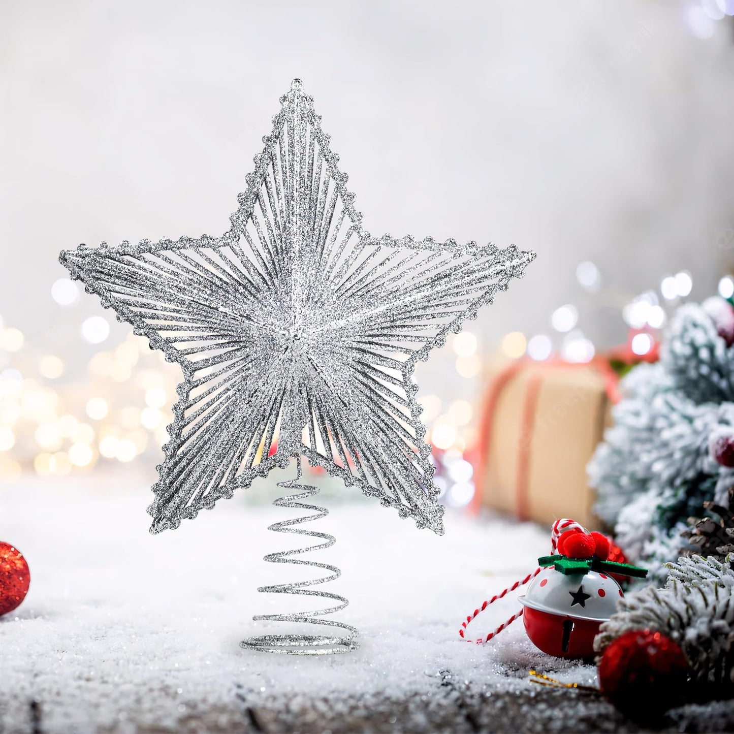 Glittering 5-Point Star Christmas Tree Topper, Sparkly Festive Red Star Ornament with Stable Base for Indoor Outdoor Party(Sliver) - Medaid International