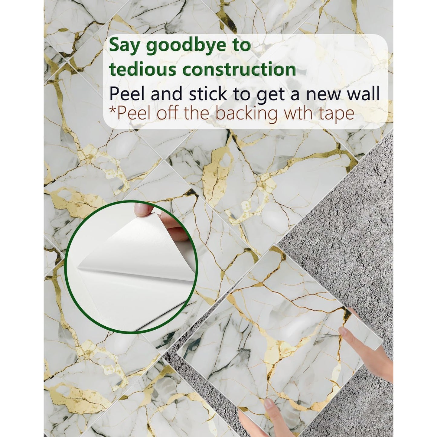 BESTWOO 10 Sheets Marble Peel and Stick Backsplash Tile, 12"x12" Waterproof PVC Self Adhesive Tile Shower Wall Panels for Bathroom, Kitchen, Living Room (Gold White) - Medaid International