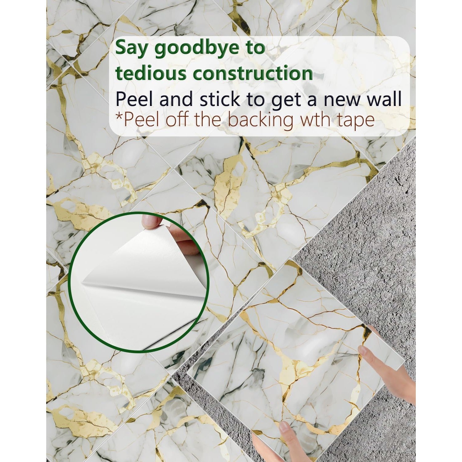 BESTWOO 10 Sheets Marble Peel and Stick Backsplash Tile, 12"x12" Waterproof PVC Self Adhesive Tile Shower Wall Panels for Bathroom, Kitchen, Living Room (Gold White) - Medaid International