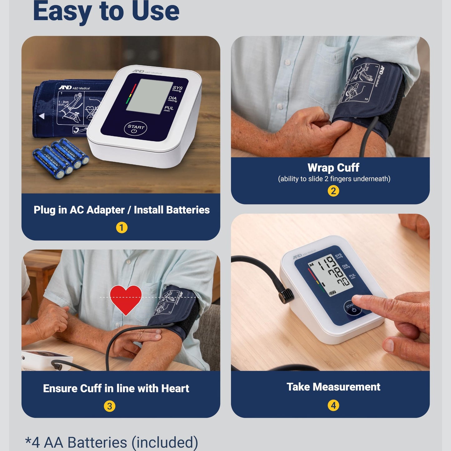 A&D Medical Blood Pressure Monitor for Home Use, UA-651 – Upper Arm Precise BP Machine – Wide Range Cuff (8.6” / 22-42cm), Adults, 4 AA Batteries - Medaid International