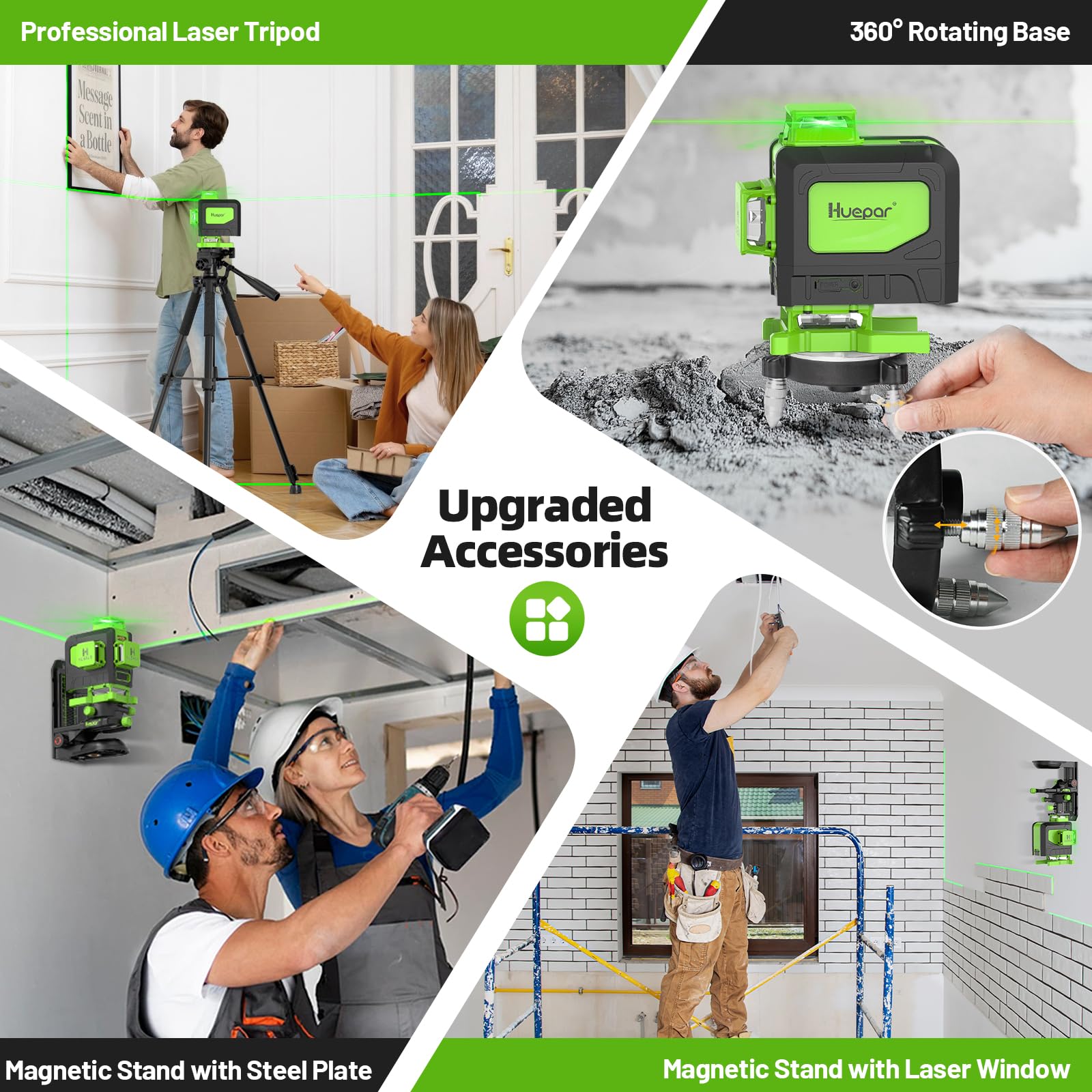 Huepar Laser Level 4x360 Self Leveling with 60" Tall Tripod, 4D Green Cross Line Lazer Leveler Tool with Outdoor Pulse Mode, 16 Lines Great for Tiling, Ceiling, Wall Work & DIY Home Renovation - Medaid International