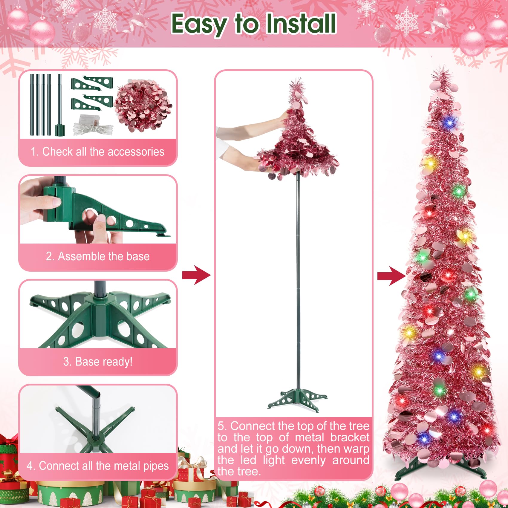 5Ft Pop Up Christmas Tree with Lights, Collapsible Pencil Tree Pink, Skinny Christmas Tree Slim Xmas Tree, Artificial Tinsel Tree Foldable for Home Apartment Holiday Party Winter Decor - Medaid International