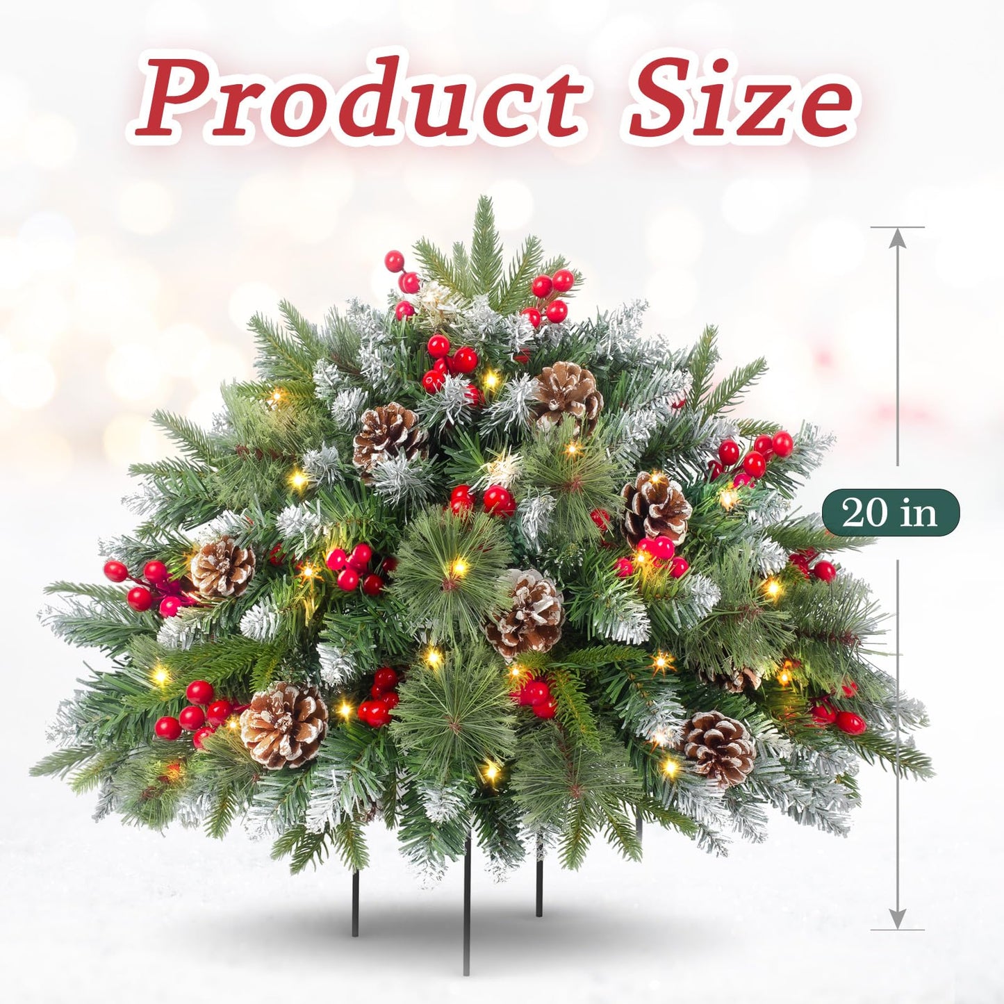 LAVEVE 20" Prelit Small Christmas Tree with Lights, Battery Operated Xmas Tree with Pine Cones & Red Berries, Frosted Urn Filler, 50 LED Warm Lights with Timer, Outdoor for Porch and Pathway, 1 Pack - Medaid International