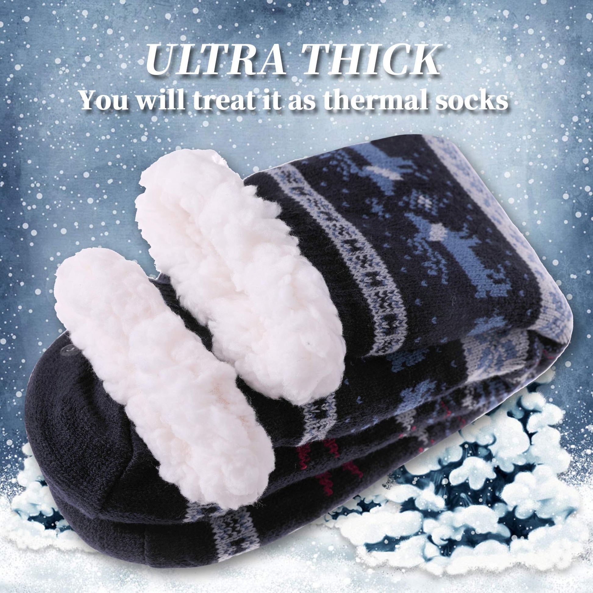DYW Mens Fuzzy Slipper Socks Warm Thick Heavy Thermal Fleece lined Fluffy Winter Non Slip Socks (Dark Blue A) - Medaid International
