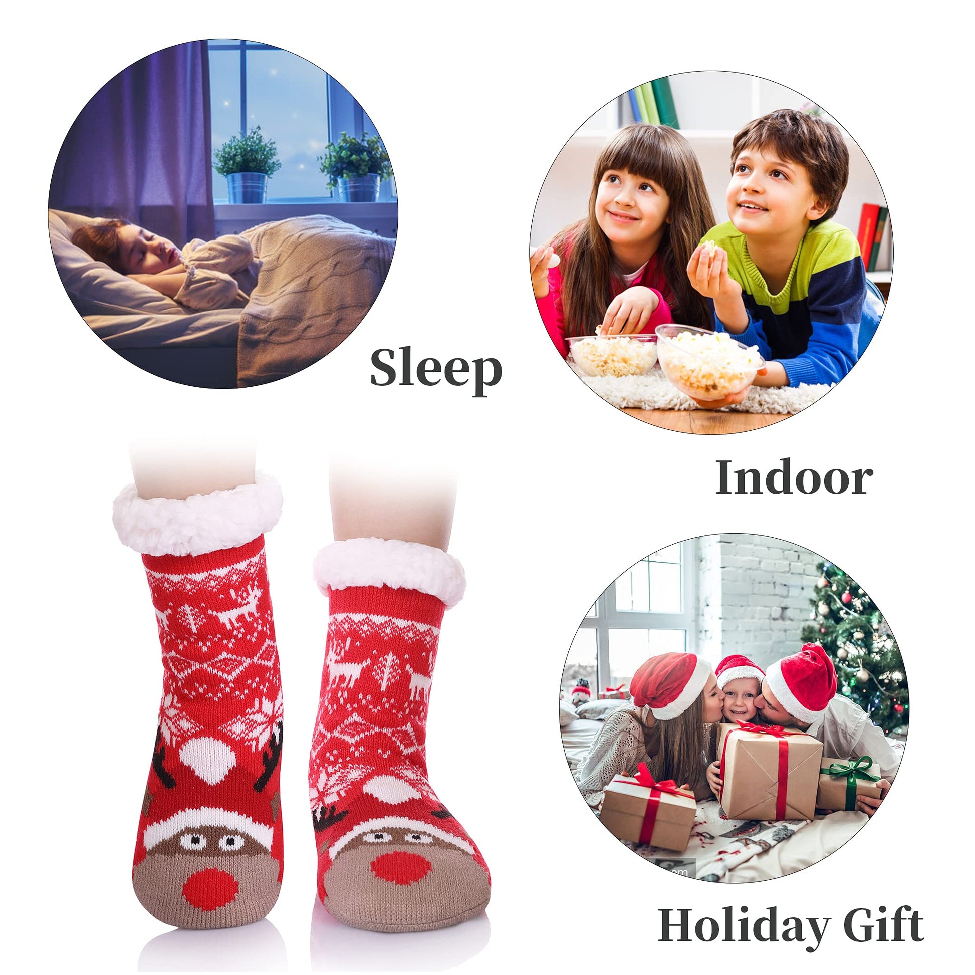 FNOVCO Kids Slipper Socks Boys Girls Fuzzy Soft Thick Cozy Warm Fleece lined Winter Indoor Christmas Socks (4-7 Years, Red Christmas Deer) - Medaid International