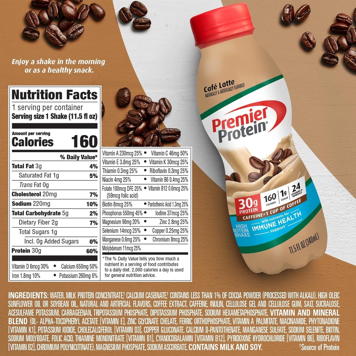 Premier Protein Shake, Café Latte, 30g Protein, 1g Sugar, 24 Vitamins & Minerals, Nutrients to Support Immune Health 11.5 fl oz, 12 Pack - Medaid International