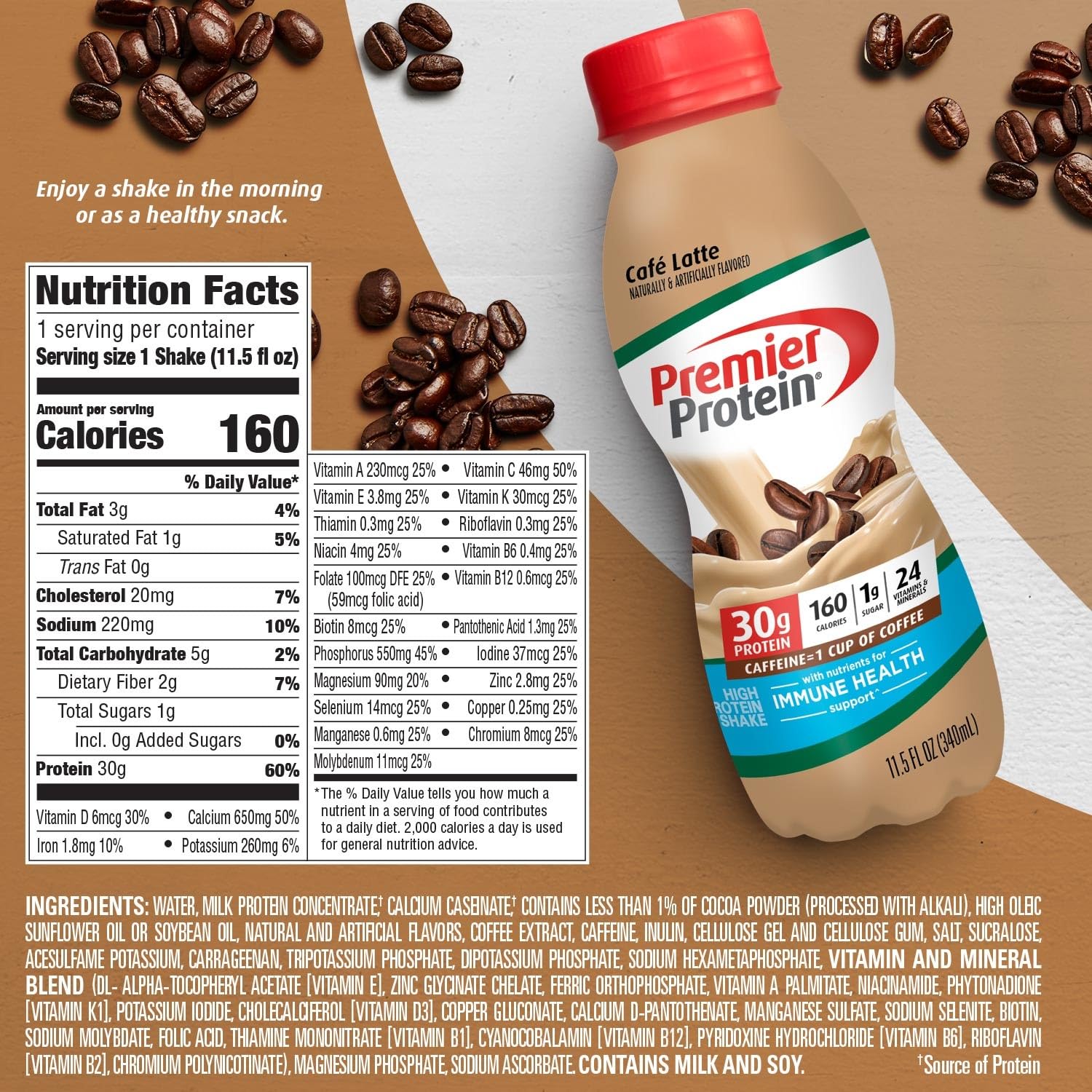 Premier Protein Shake, Café Latte, 30g Protein, 1g Sugar, 24 Vitamins & Minerals, Nutrients to Support Immune Health 11.5 fl oz, 12 Pack - Medaid International