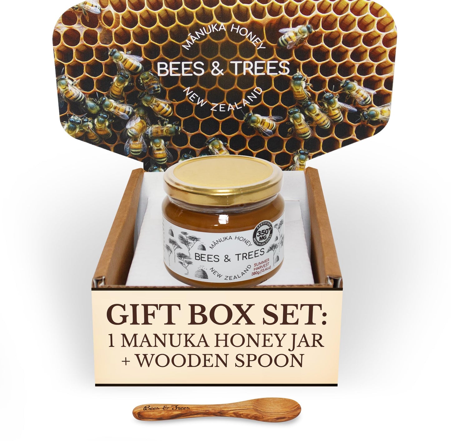 Bees & Trees Manuka Honey 350+ MGO – New Zealand Pure Monofloral, Raw – Premium & Minimally Processed for Health, Strength & Vitality – Unpasteurized Superfood in Gift Set – 380g (13.4oz) Glass Jar - Medaid International