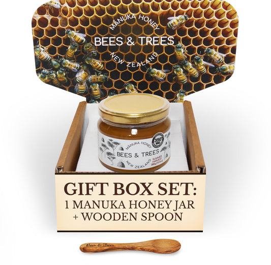 Bees & Trees Manuka Honey 350+ MGO – New Zealand Pure Monofloral, Raw – Premium & Minimally Processed for Health, Strength & Vitality – Unpasteurized Superfood in Gift Set – 380g (13.4oz) Glass Jar - Medaid International