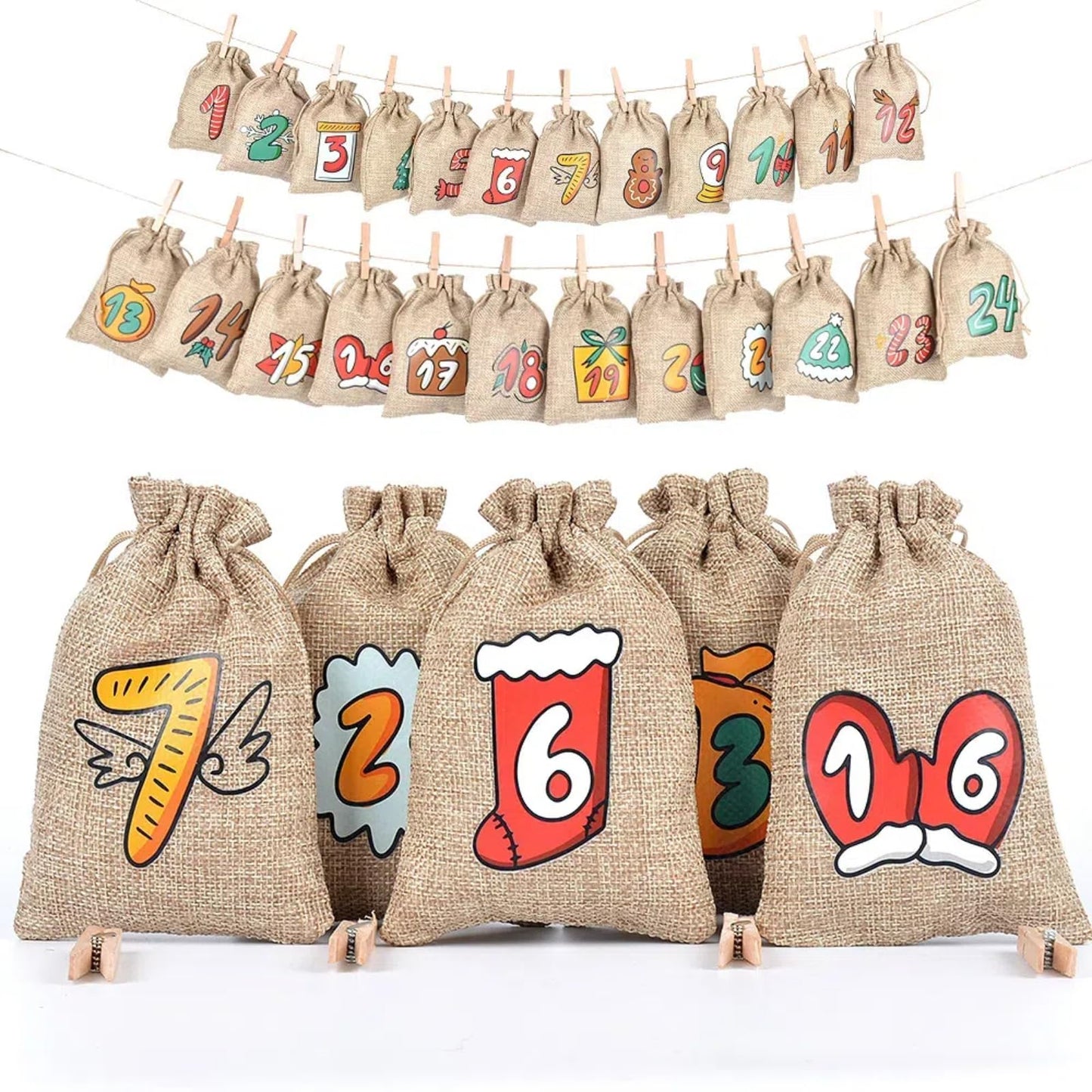 Christmas Advent Calendar Bags, 24 Days Countdown Calendar Burlap bags Hanging Advent Calendar Gift Favors for Xmas Decorations, Cute for kids, Reusable Fabric Bags With Drawstring Closure - Medaid International