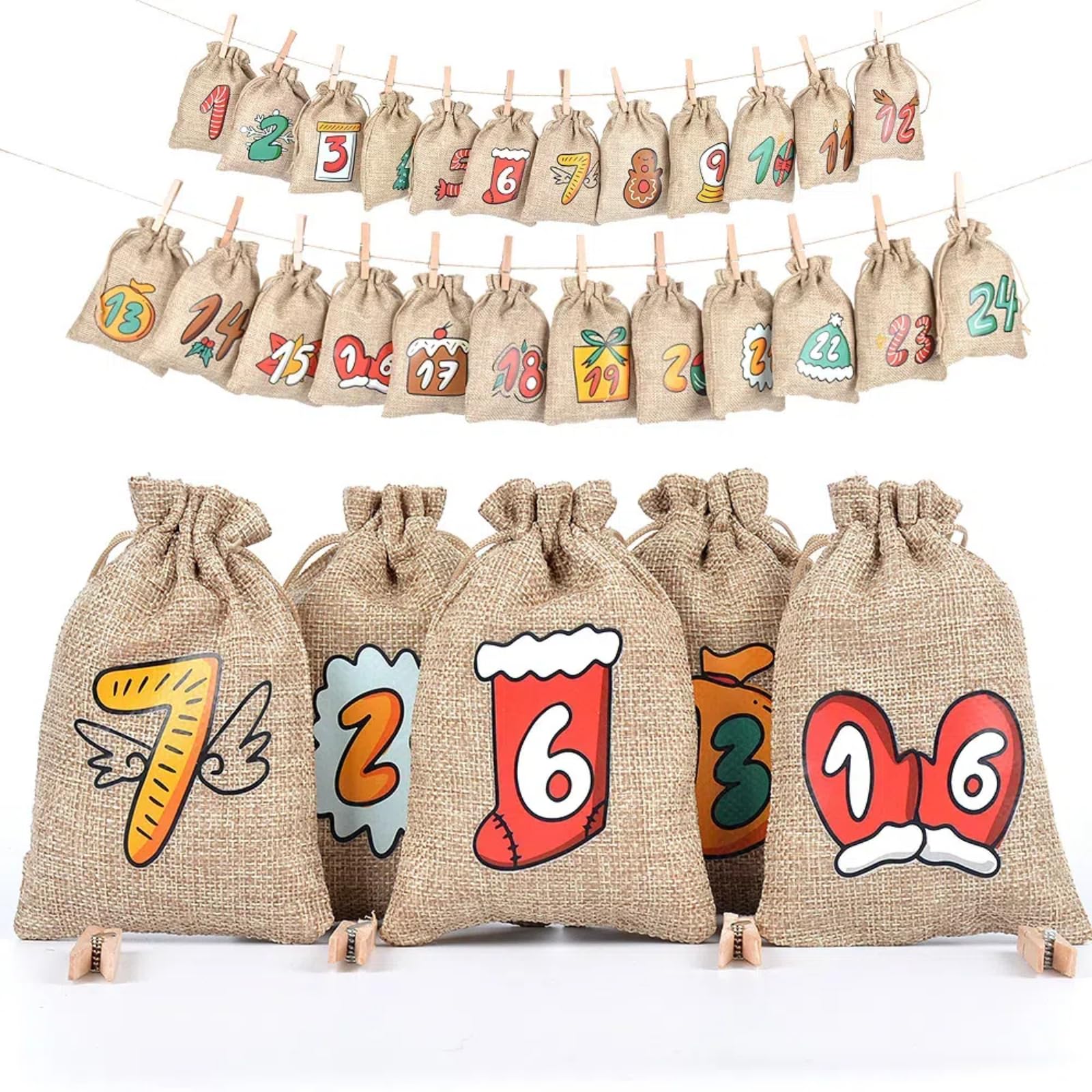 Christmas Advent Calendar Bags, 24 Days Countdown Calendar Burlap bags Hanging Advent Calendar Gift Favors for Xmas Decorations, Cute for kids, Reusable Fabric Bags With Drawstring Closure - Medaid International