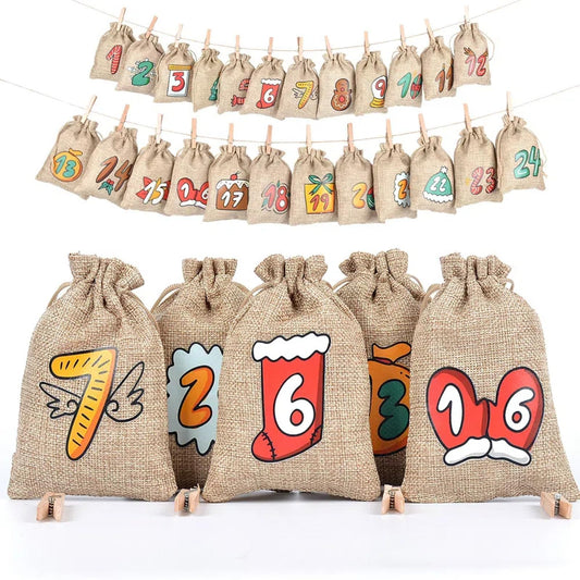Christmas Advent Calendar Bags, 24 Days Countdown Calendar Burlap bags Hanging Advent Calendar Gift Favors for Xmas Decorations, Cute for kids, Reusable Fabric Bags With Drawstring Closure - Medaid International