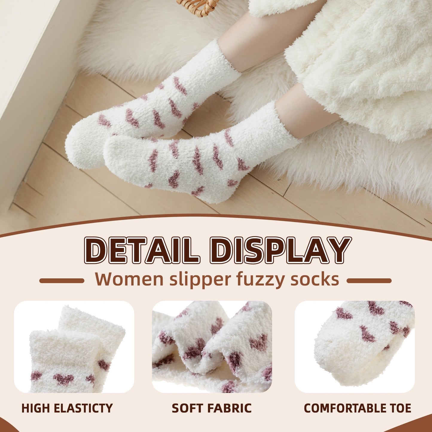 Velice Womens Fuzzy Socks Soft Cozy Fluffy Slipper Winter Warm Plush Sleeping Christmas Socks 5 Pairs(Cute Heart) - Medaid International