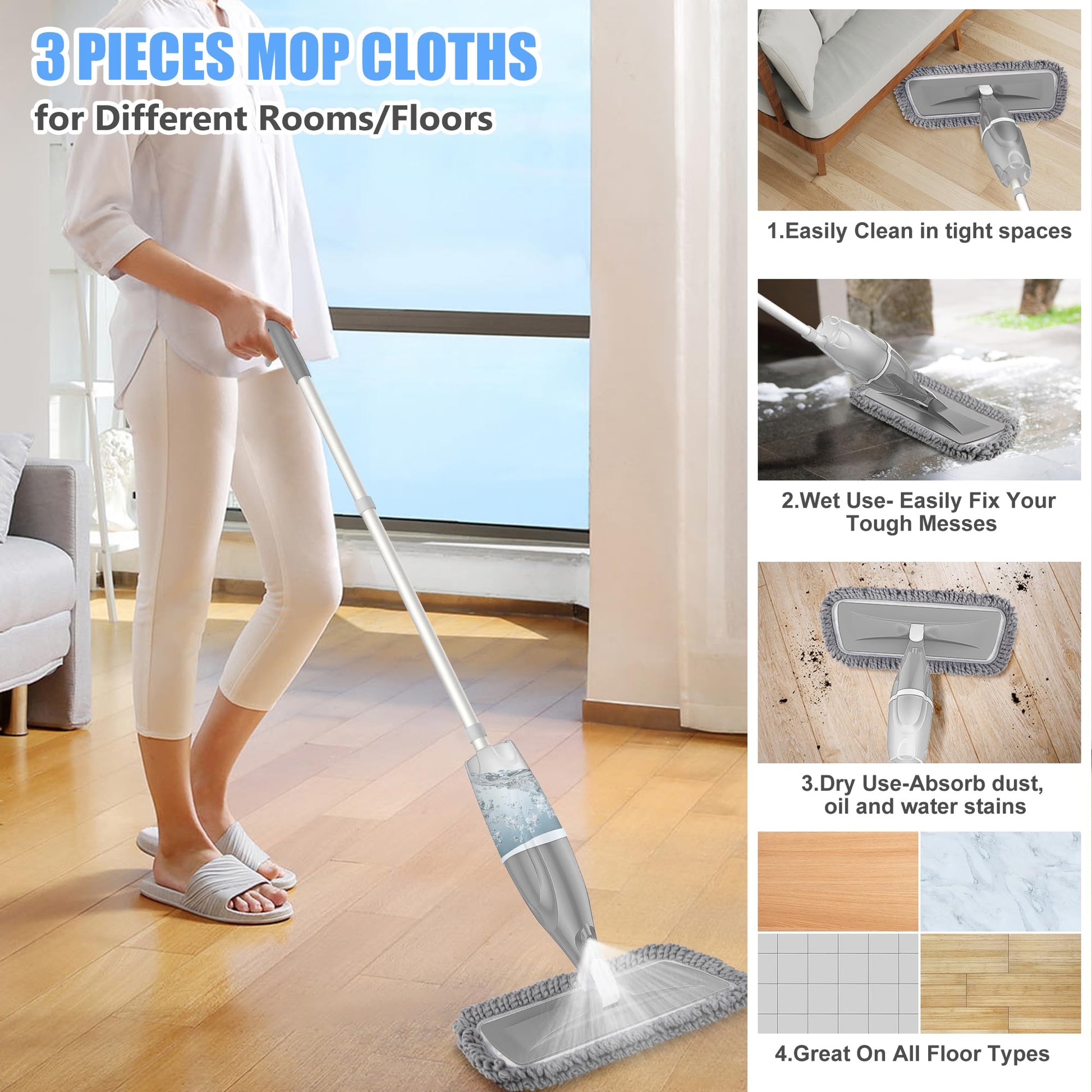 Microfiber Spray Mops for Floors Cleaning: EXEGO Dust Mop Wet Mop with 3 Washable Resuable Pads -440ML Refillable Bottle and 1 Scraper - Flat Floor Mop for Hardwood Laminate Ceramic Tiles Vinyl Woood - Medaid International