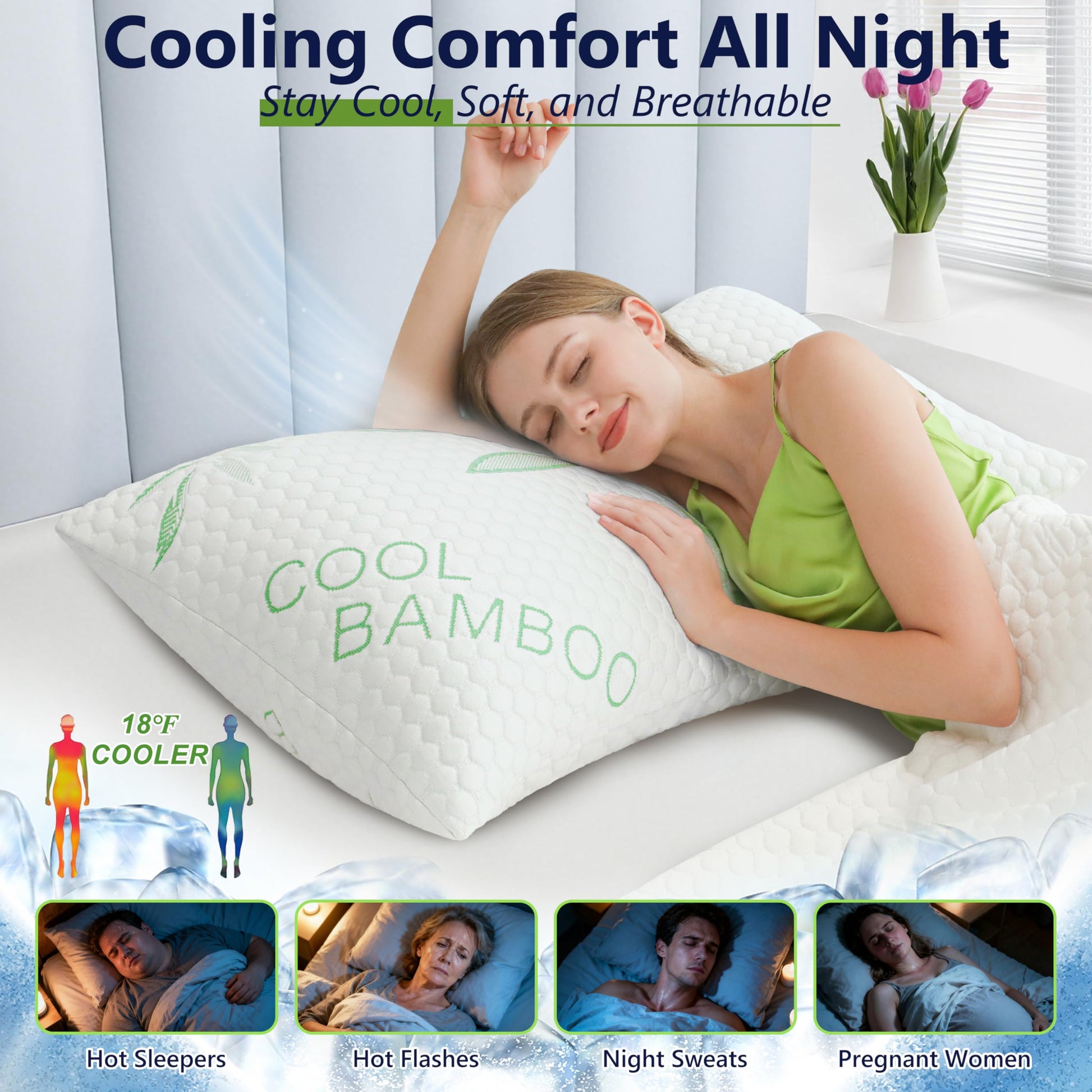 DGPEAR Cooling Pillows, Shredded Memory Foam Pillows Queen Size Set of 2 Adjustable Firm Bamboo Bed Pillows for Hot, Side, Back and Stomach Sleepers - Medaid International