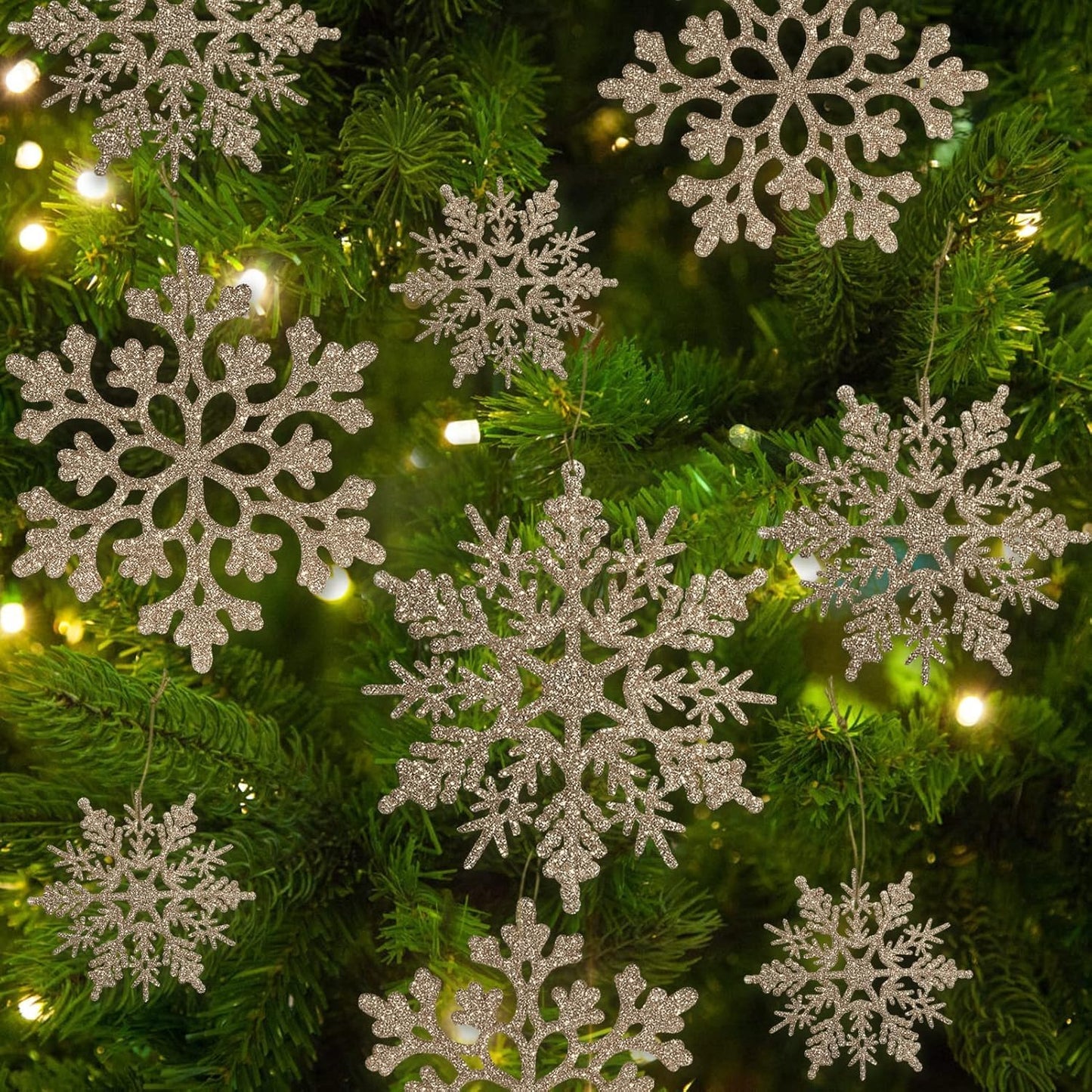 18Pcs Christmas Champagne Golden Snowflake Hanging Ornaments Plastic Glitter Snow Flakes Ornaments for Winter Christmas Tree Decorations Size Varies Craft Snowflakes - Medaid International