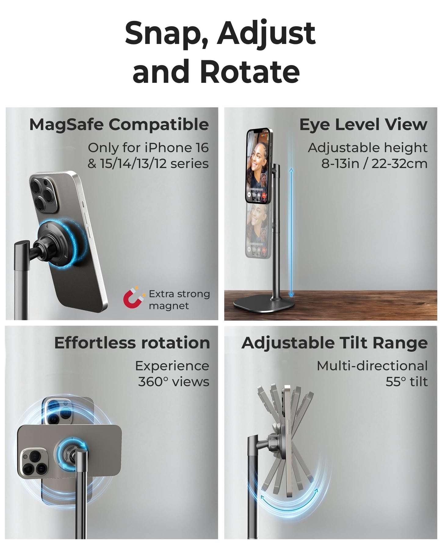 COOPER MagStand - Adjustable Magnetic iPhone Stand for Desk & Phone Holder for Video Recording, Compatible with MagSafe, Stand for iPhone 17 Pro Max, 16/15/14/13/12, Small Mag Safe Tripod (Black) - Medaid International