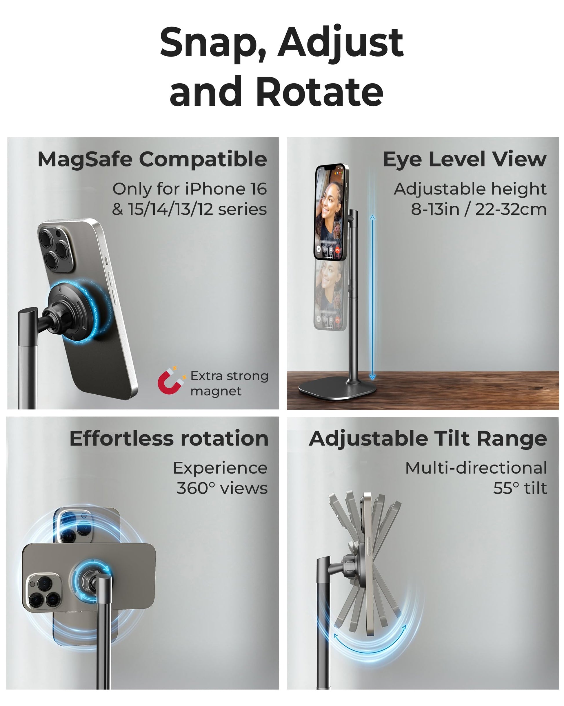 COOPER MagStand - Adjustable Magnetic iPhone Stand for Desk & Phone Holder for Video Recording, Compatible with MagSafe, Stand for iPhone 17 Pro Max, 16/15/14/13/12, Small Mag Safe Tripod (Black) - Medaid International