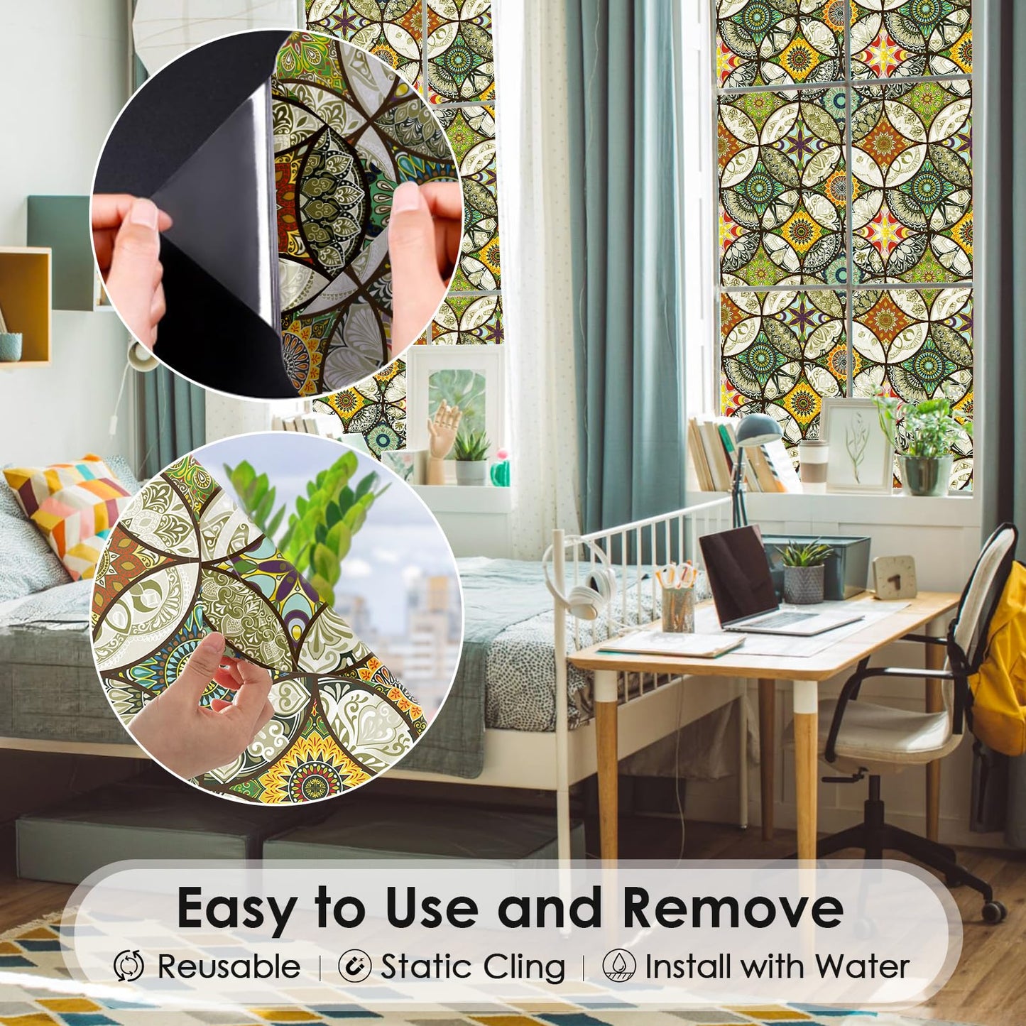 DKTIE Static Cling Decorative Window Film with Installation Tools Non Adhesive Privacy Film, Stained Glass Window Film for Bathroom Shower Door Heat Cotrol Anti UV, 17.7 x 78.7 Inch - Medaid International