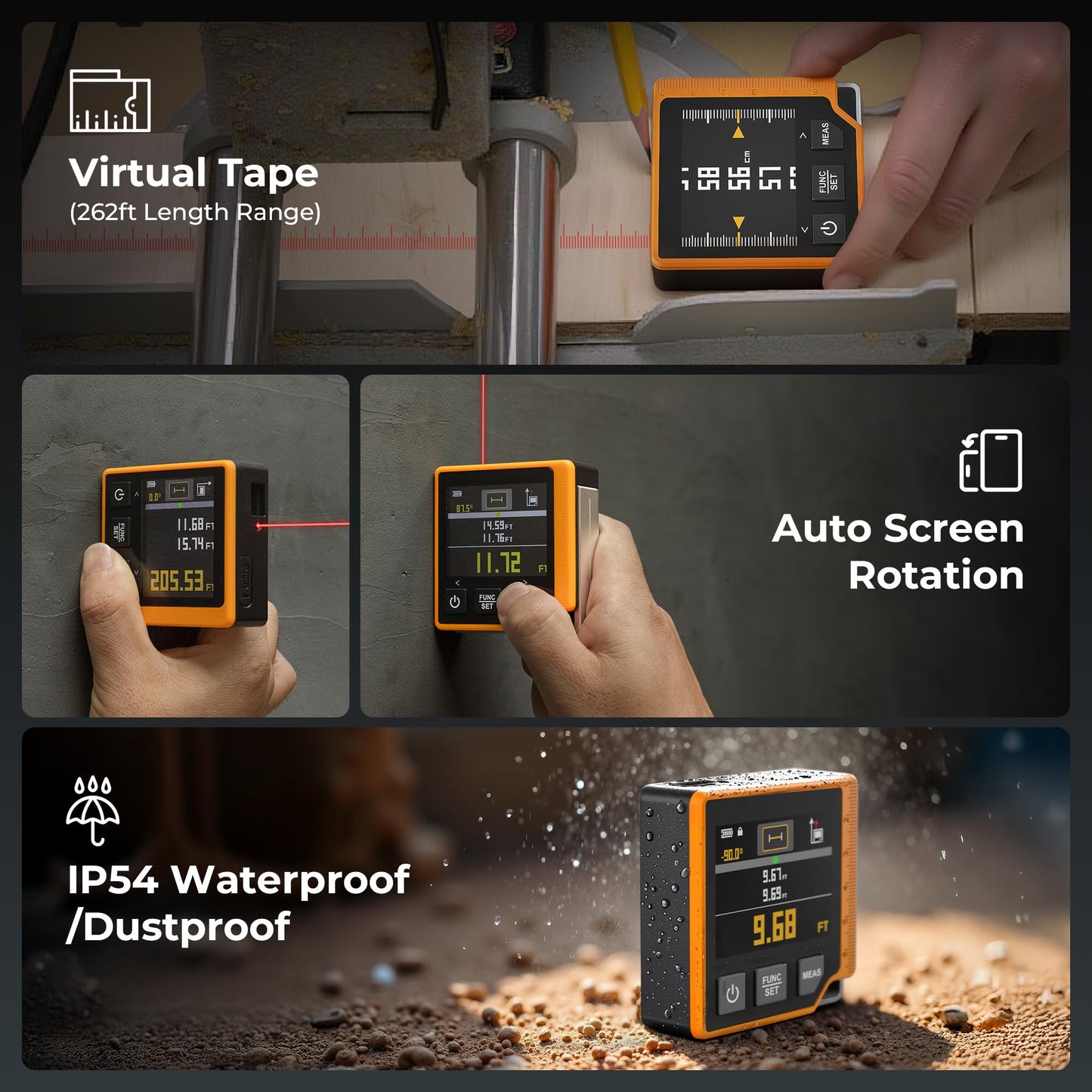 Laser Measuring Tool, 262ft Laser Measure with Digital Angle Finder & Level, Rechargeable Laser Measurement Tool with 2.4'' Color Backlit Display, 6 Units Ft/in/M, Length/Area/Volume/Pythagorean Mode - Medaid International
