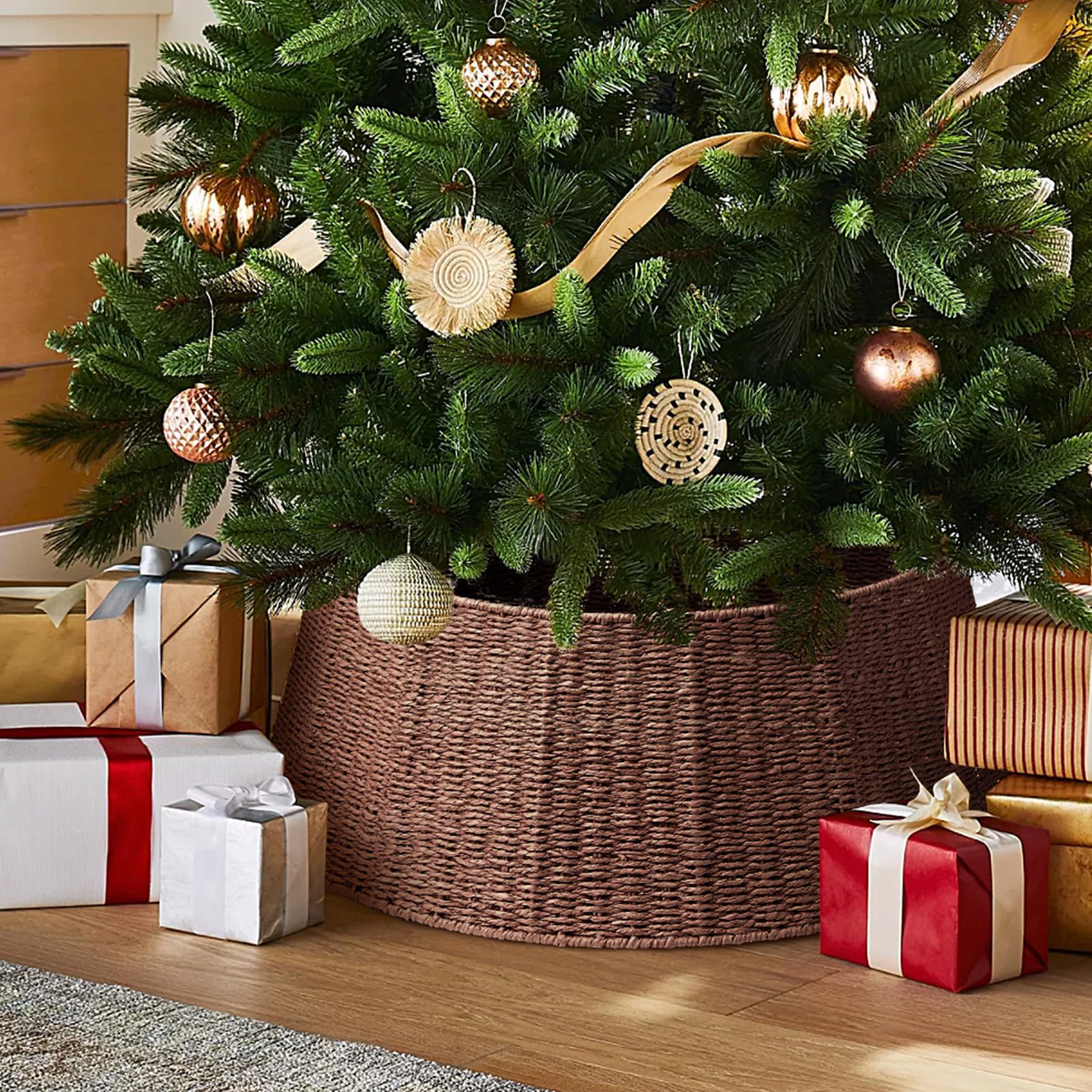 Hommtina Christmas Tree Collar- 26",Christmas Tree Base Christmas Tree Basket Collar for Home, Living Room,for Covering Tree Stand (Brown, 26 in) - Medaid International