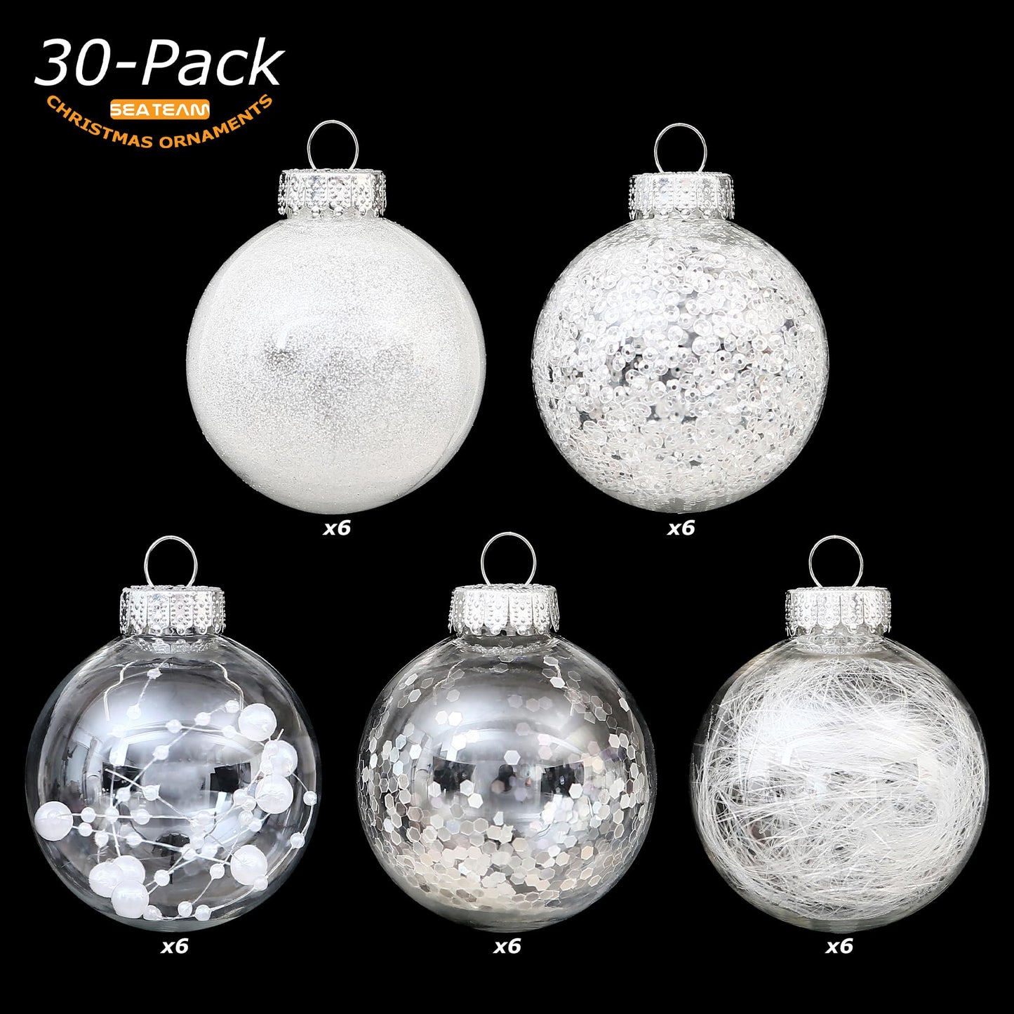 Sea Team Shatterproof Clear Plastic Christmas Ball Ornaments Decorative Xmas Balls Baubles Set with Stuffed Delicate Decorations (60mm/2.36 inch 30-Pack, White) - Medaid International