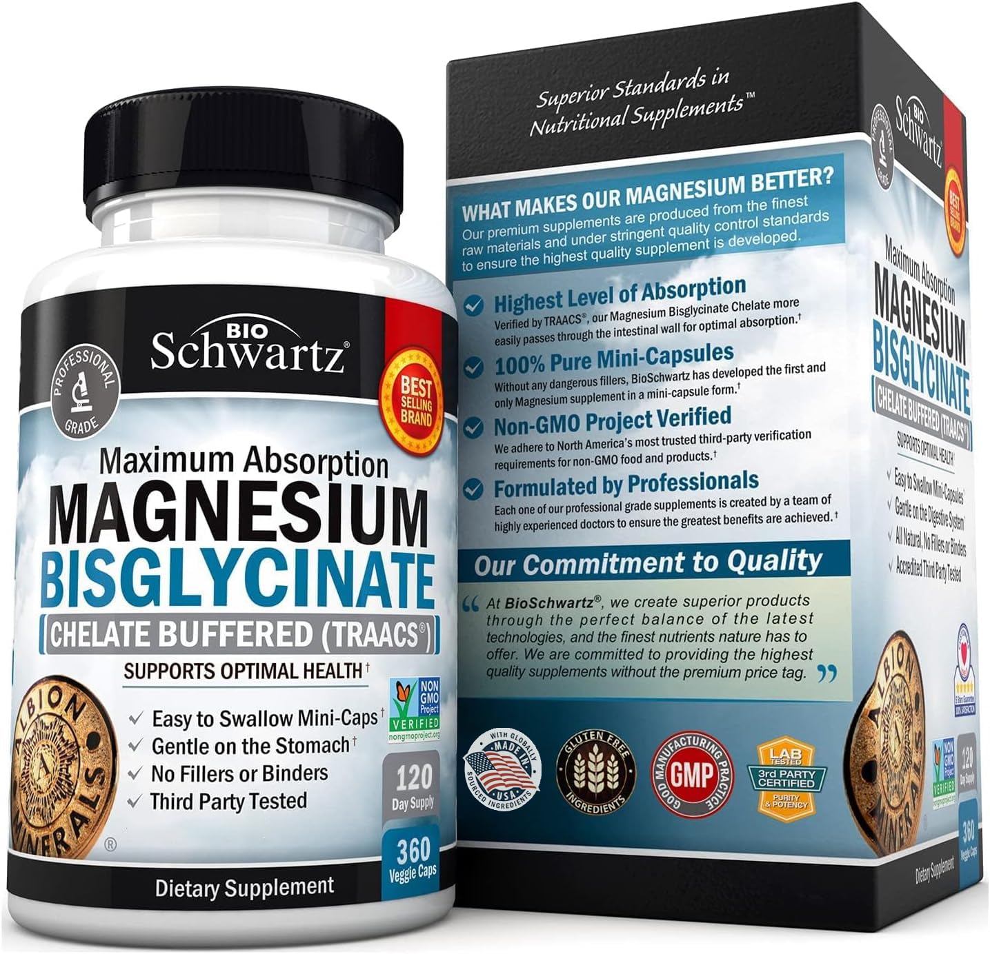 Magnesium Bisglycinate Chelated Supplement - High Absorption Magnesium Supplement for Muscle, Bone & Joint Support, Non-Laxative, Fully Buffered, Non-GMO, Maximum Bioavailability - 360 Capsules - Medaid International