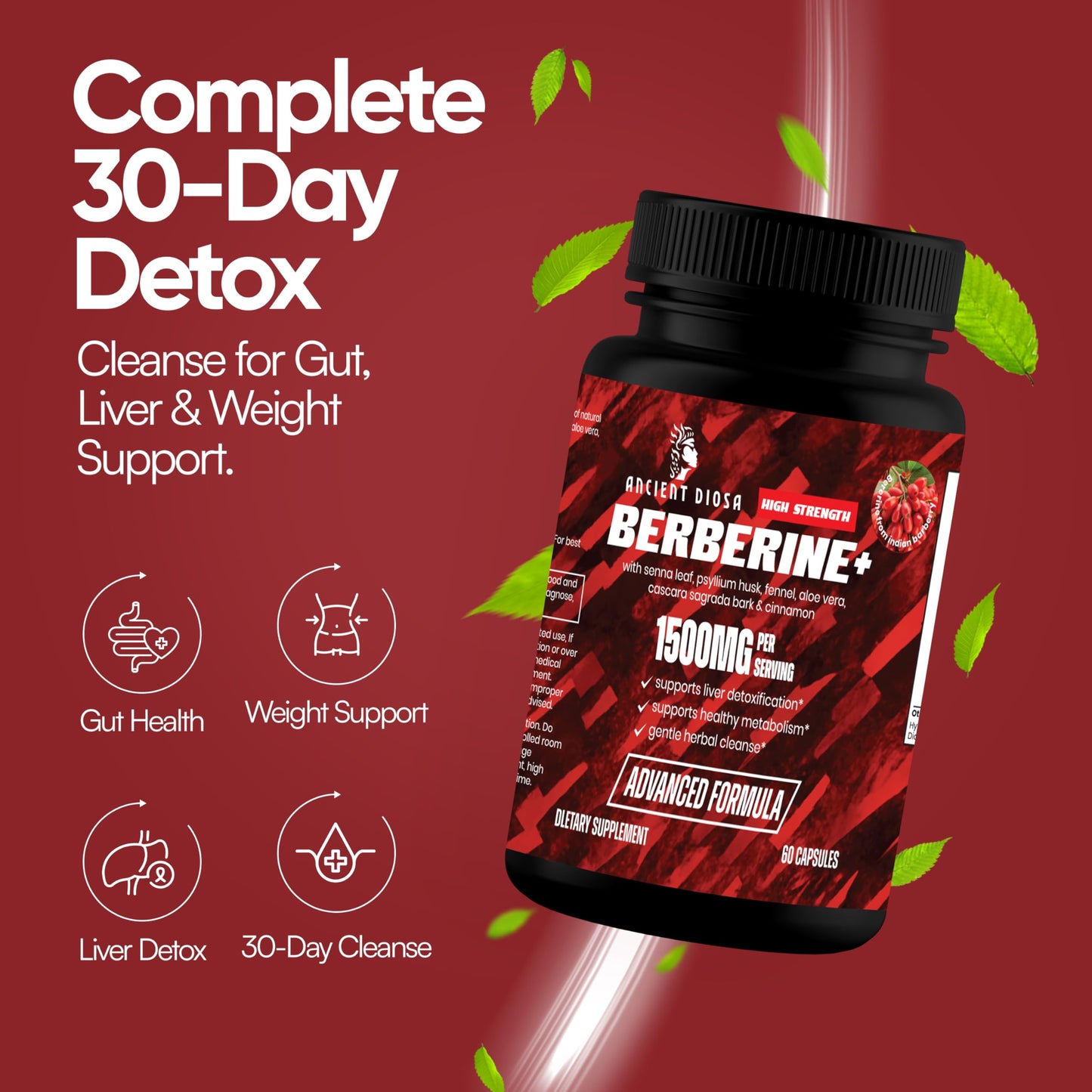 ANCIENT DIOSA Berberine Supplement, 60 Capsules 30-Day Supply - Berberine with Ceylon Cinnamon Bark, Senna Leaf and Psyllium Husk - Supports Liver Detoxification, Gut Health, Digestion and Bloating - Medaid International