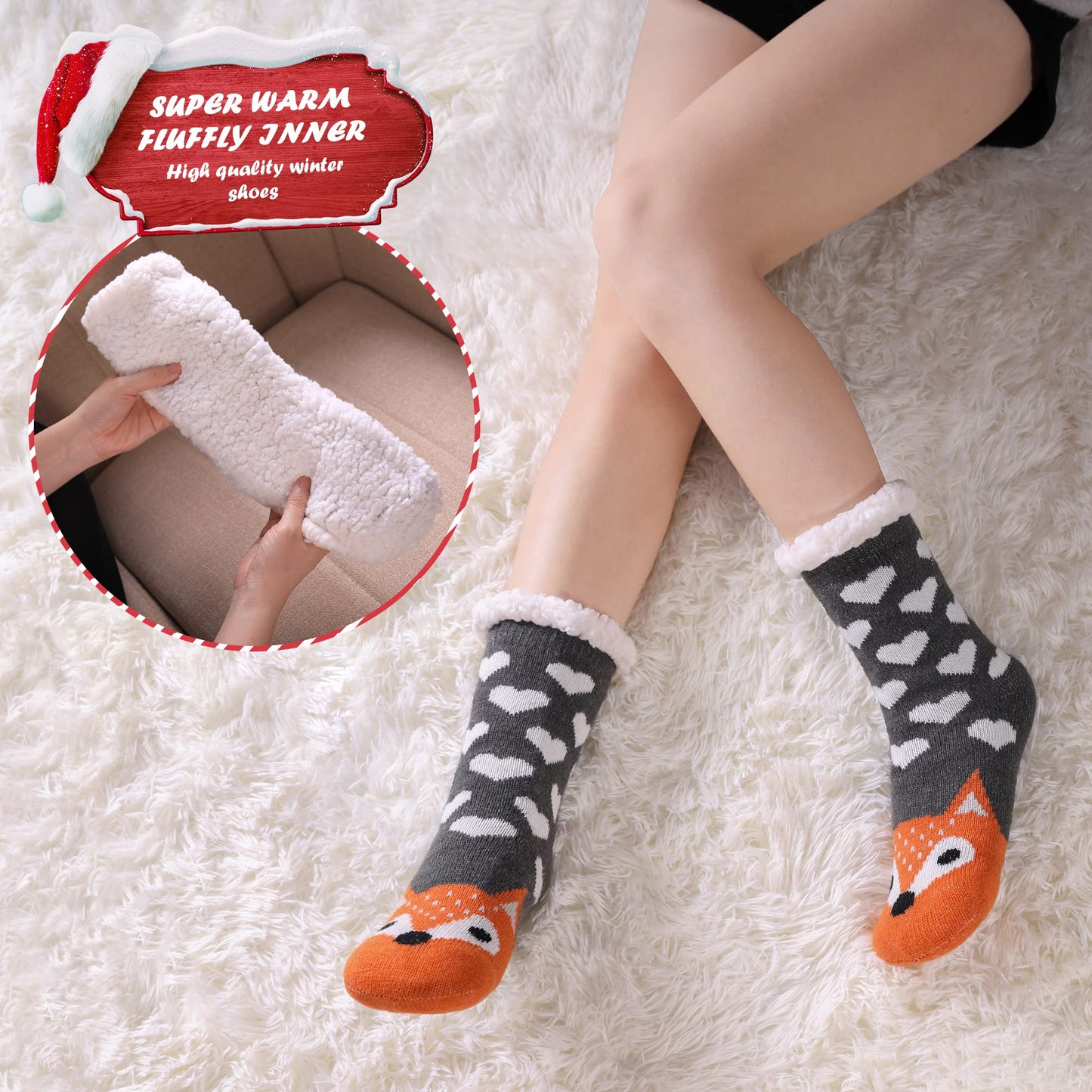 DYW Women Winter Thick Slipper Socks with Grippers Non Slip Warm Fleece Lining Fluffy Fuzzy Socks Christmas Gifts (Fox) - Medaid International