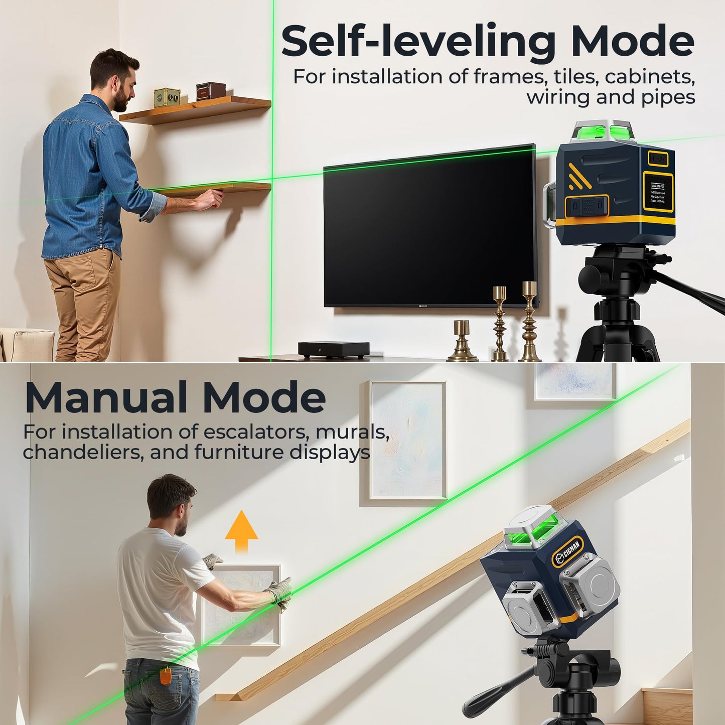 CIGMAN Laser Level Self Leveling 3x360° 3D Green Cross Line for Construction and Picture Hanging, Rechargeable battery, Remote Controller, Magnetic Rotating Stand Included - Medaid International
