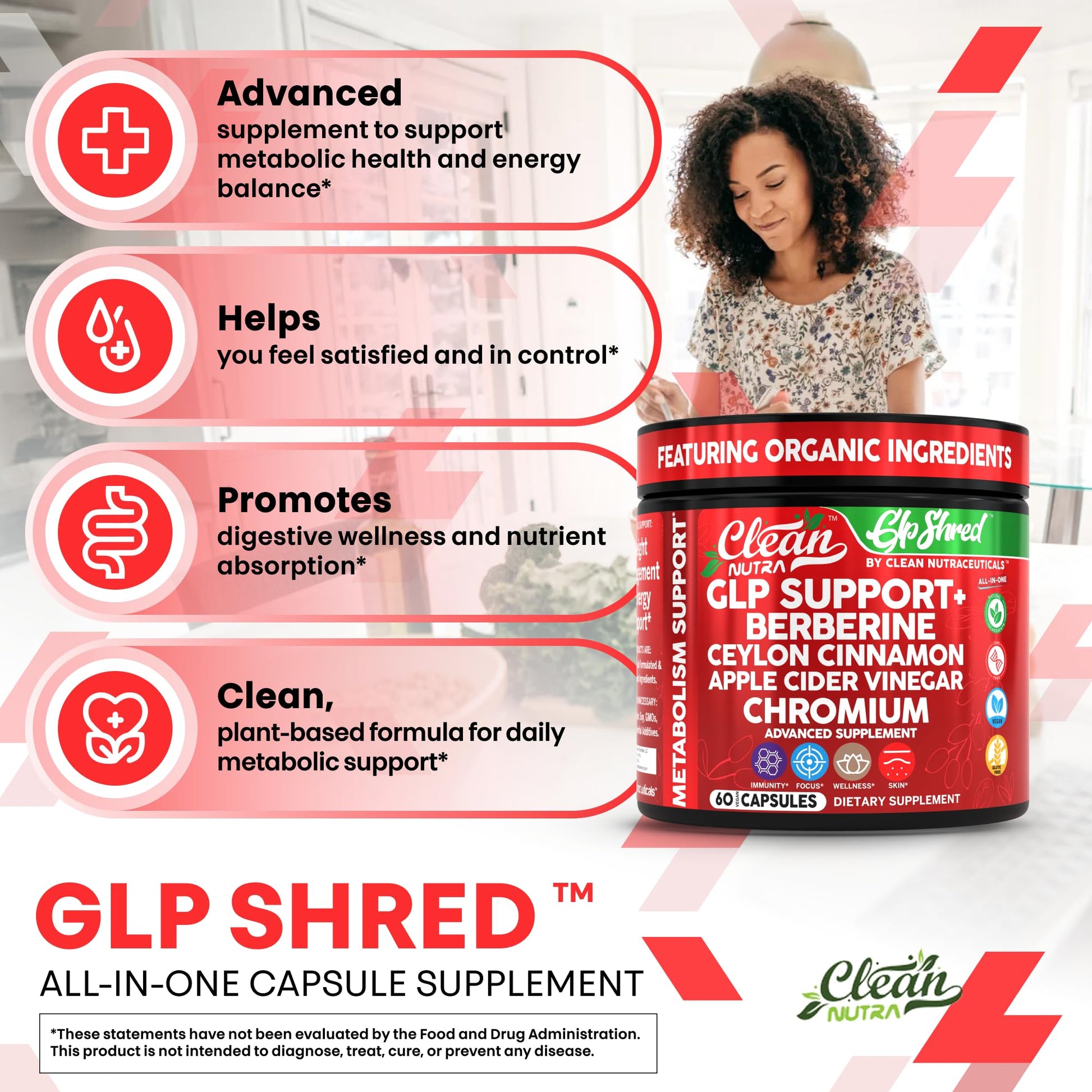GLP1 Supplement Berberine Ceylon Cinnamon Apple Cider Vinegar Chromium Turmeric PCOS Supplements Immunity & Metabolism Support 60 Vegan Capsules by Clean Nutra - Medaid International